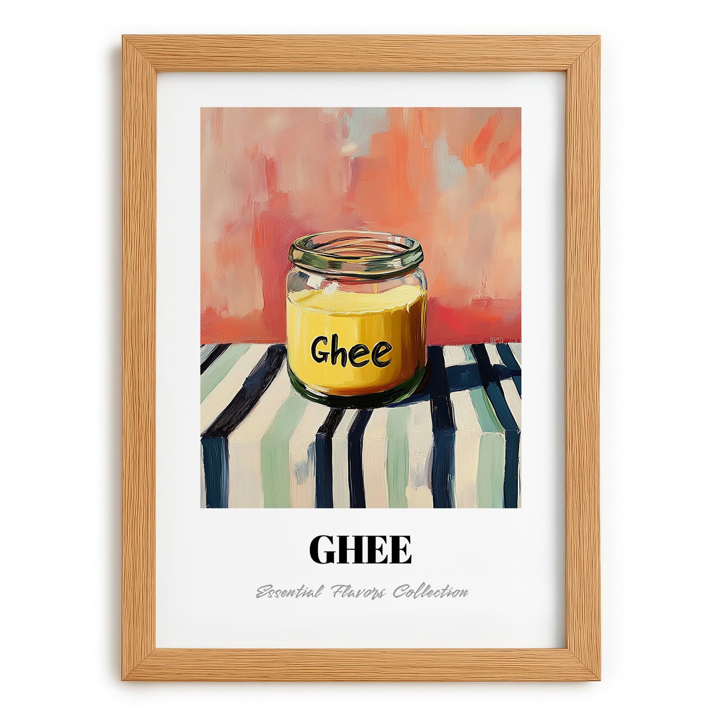 Ghee – on Striped Tablecloth, Ingredients Corner Wall Decor, set in oak frame