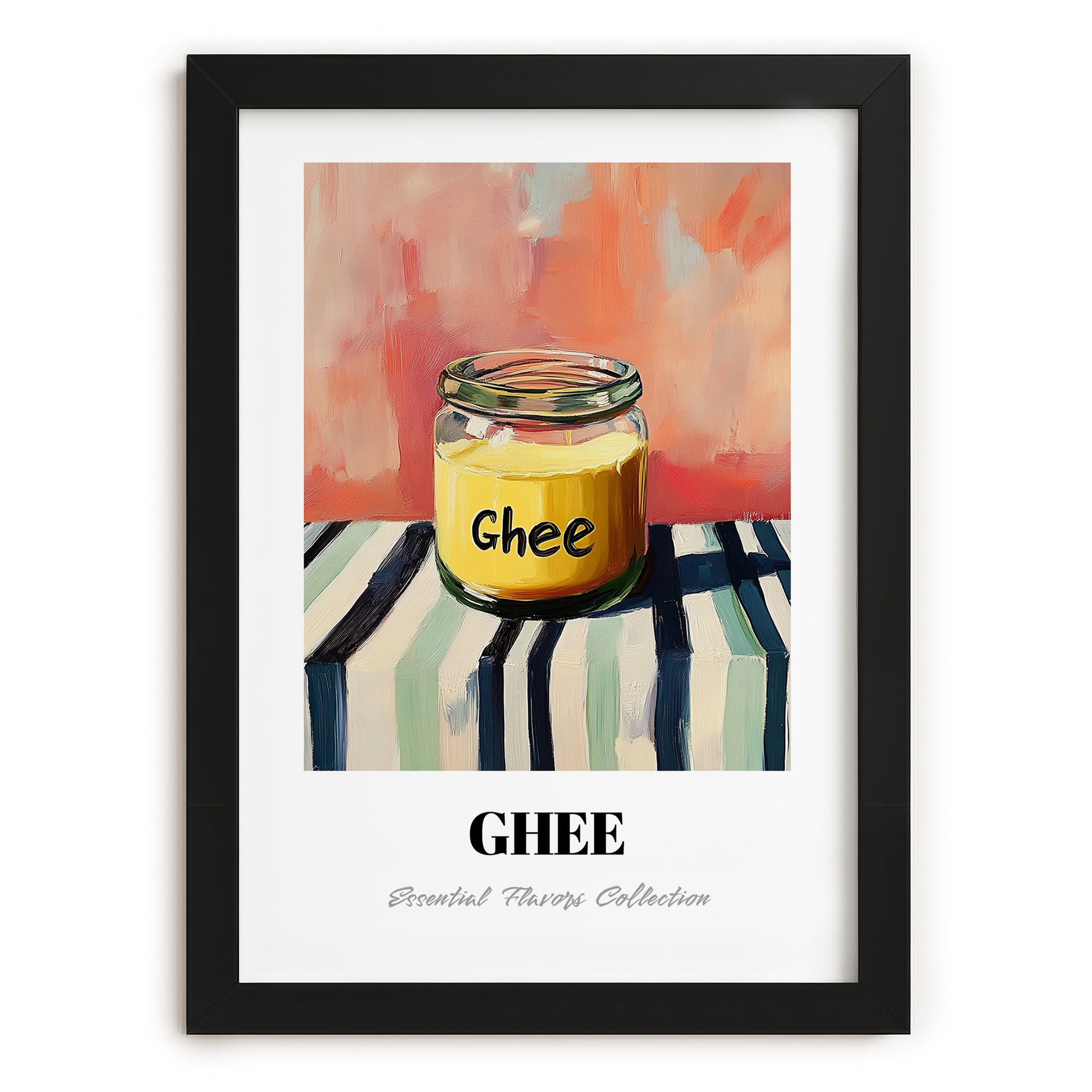 Ghee – on Striped Tablecloth, Ingredients Corner Wall Decor, in sleek black frame