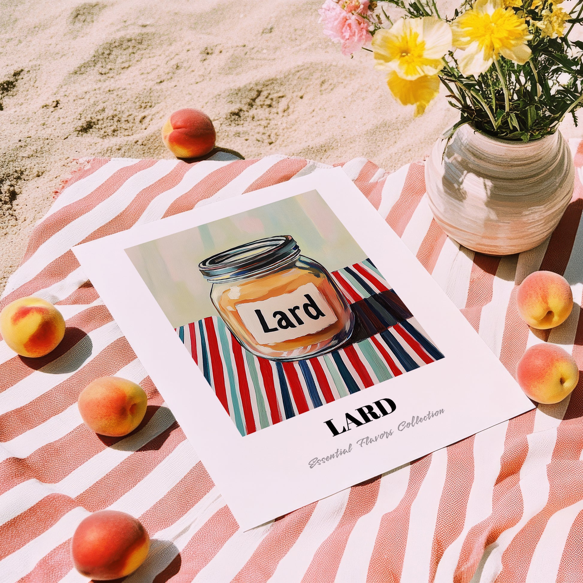 Lard – on Striped Tablecloth, Pantry Art, unframed on coastal sand