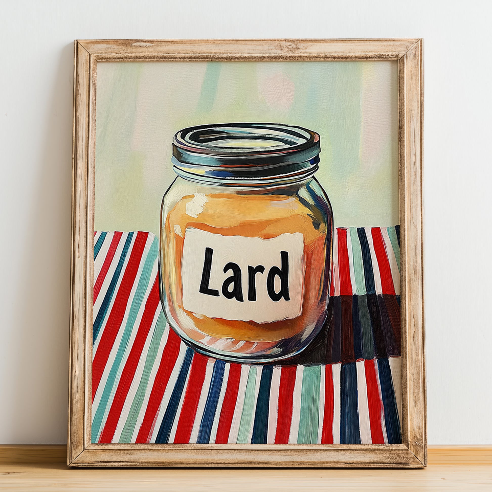 Lard – on Striped Tablecloth, Pantry Art, no-text version framed in wood