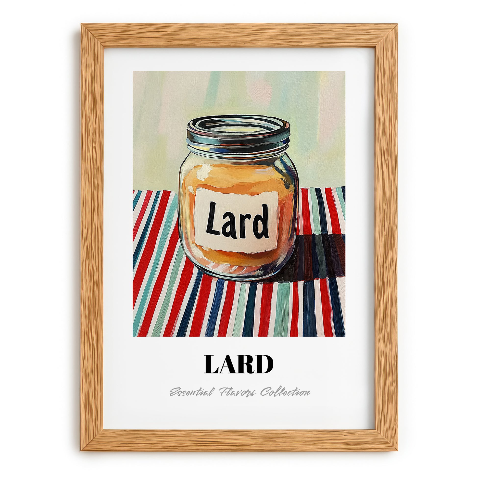 Lard – on Striped Tablecloth, Pantry Art, set in oak frame