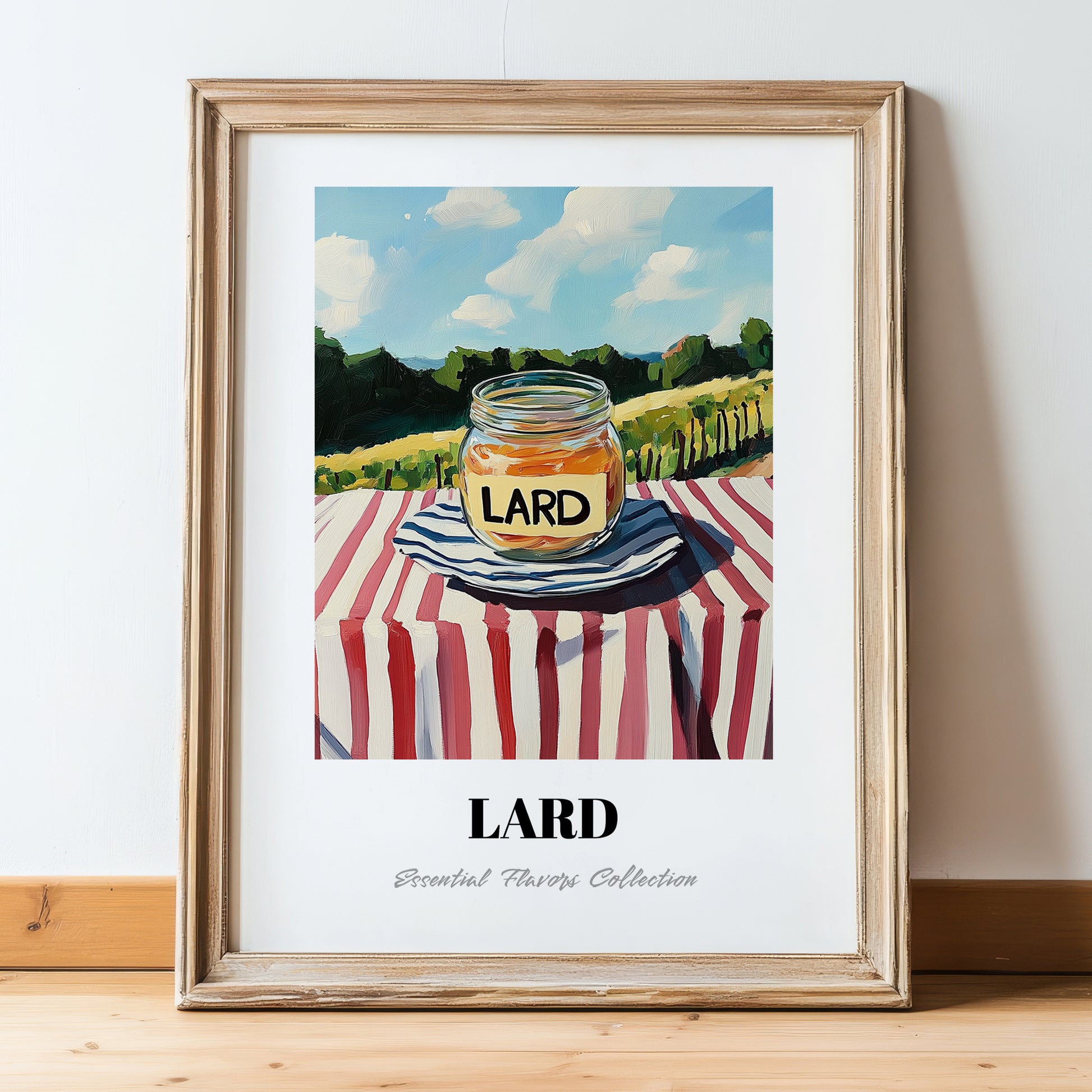 Lard – Italian Hilltop Table Scene, Pantry Wall Decor, in wooden frame leaning on the floor