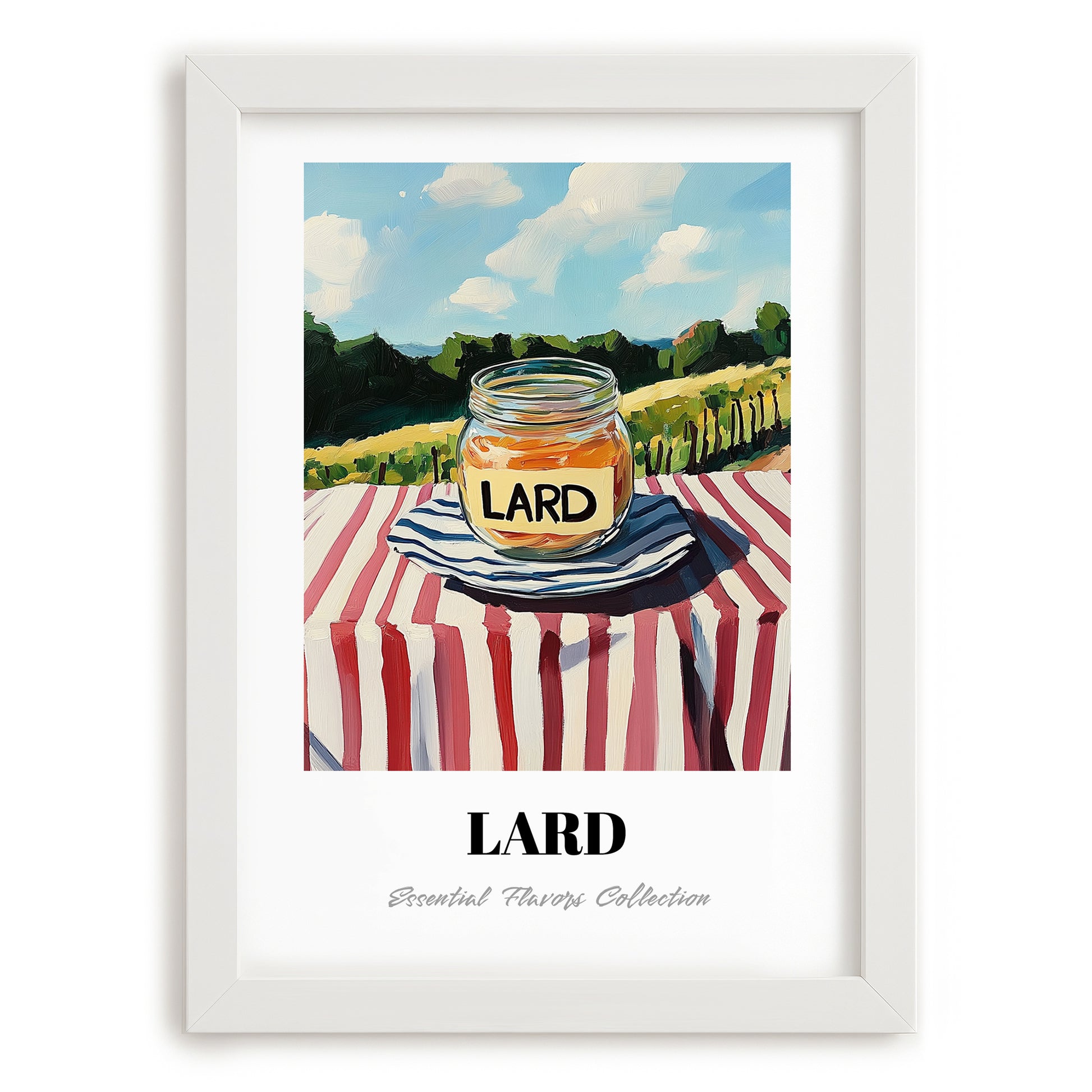 Lard – Italian Hilltop Table Scene, Pantry Wall Decor, placed in minimal white frame