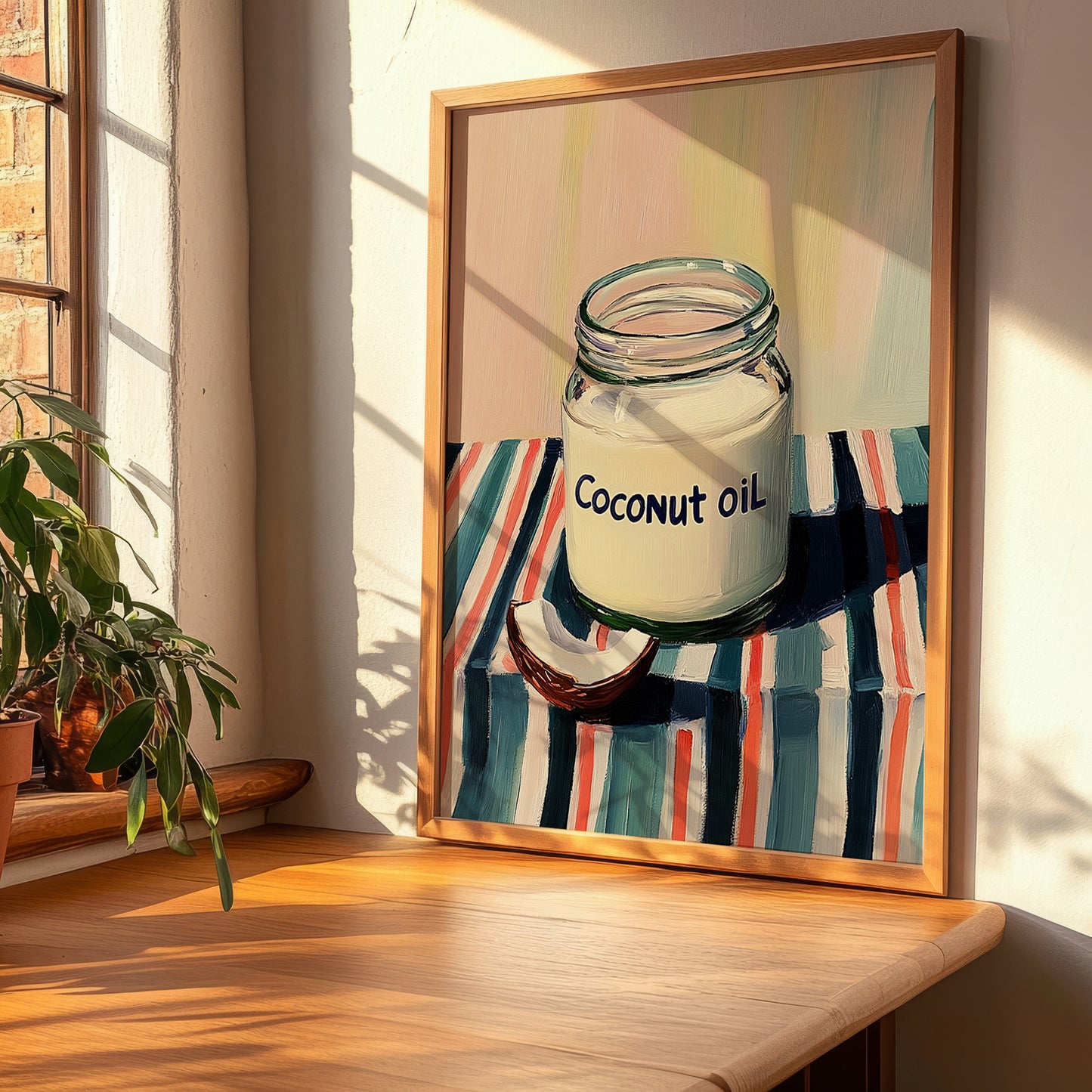 Coconut Oil – on Striped Tablecloth, Shelf Stock Wall Decor, clean layout with no caption