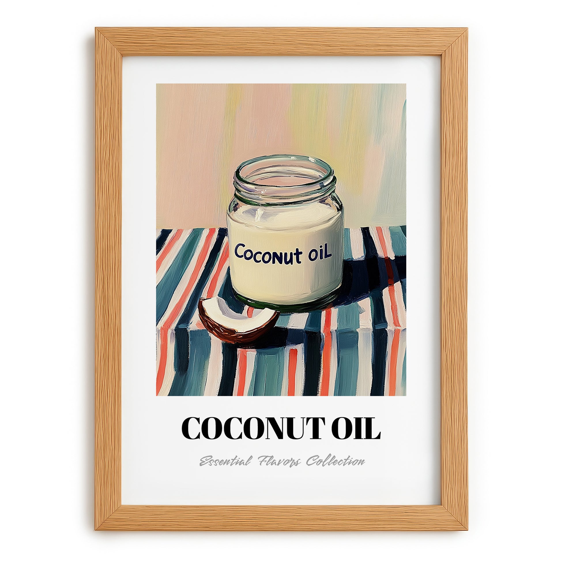 Coconut Oil – on Striped Tablecloth, Shelf Stock Wall Decor, set in oak frame