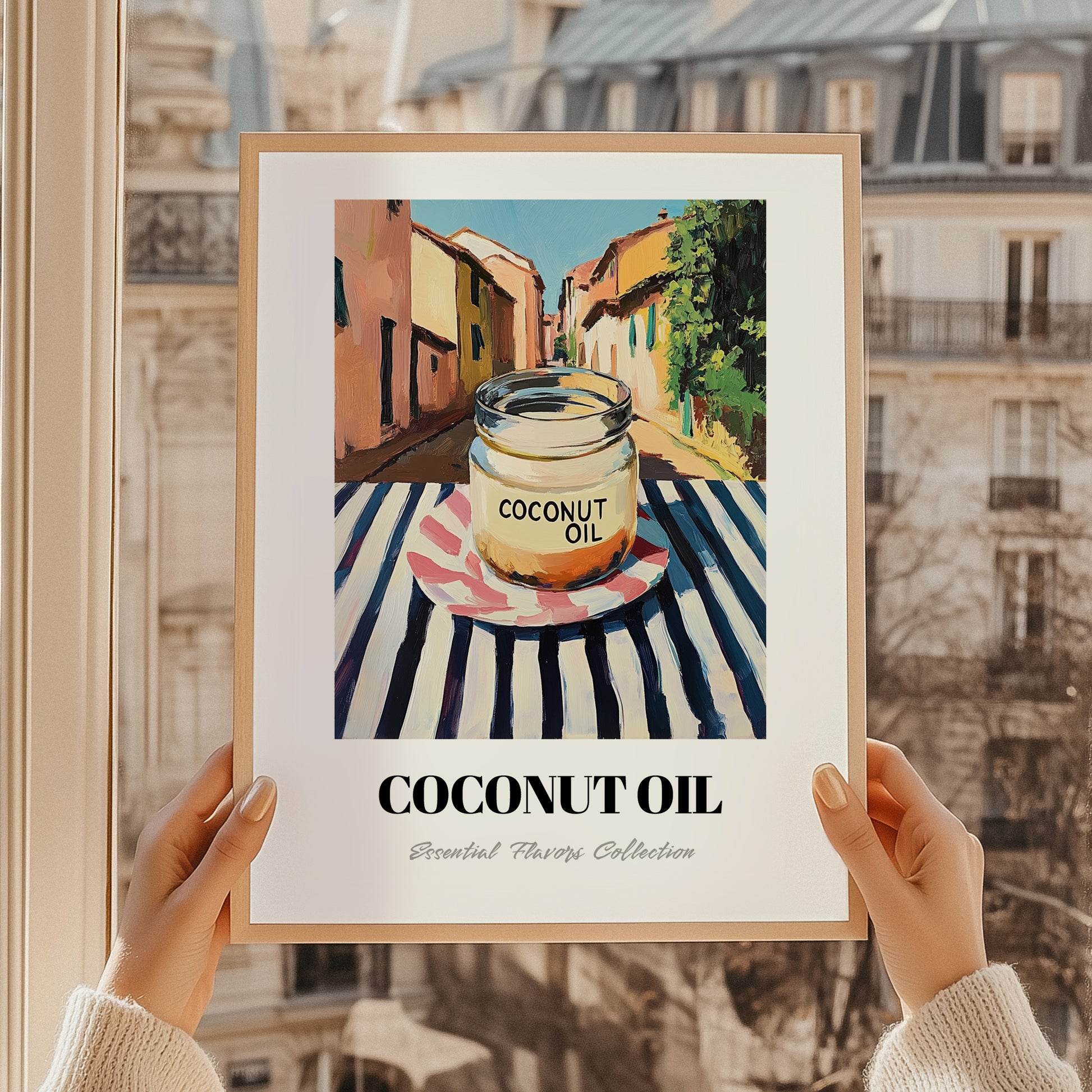 Coconut Oil – Italian Outdoor Café Scene, Larder Illustration, styled in a charming Paris street view