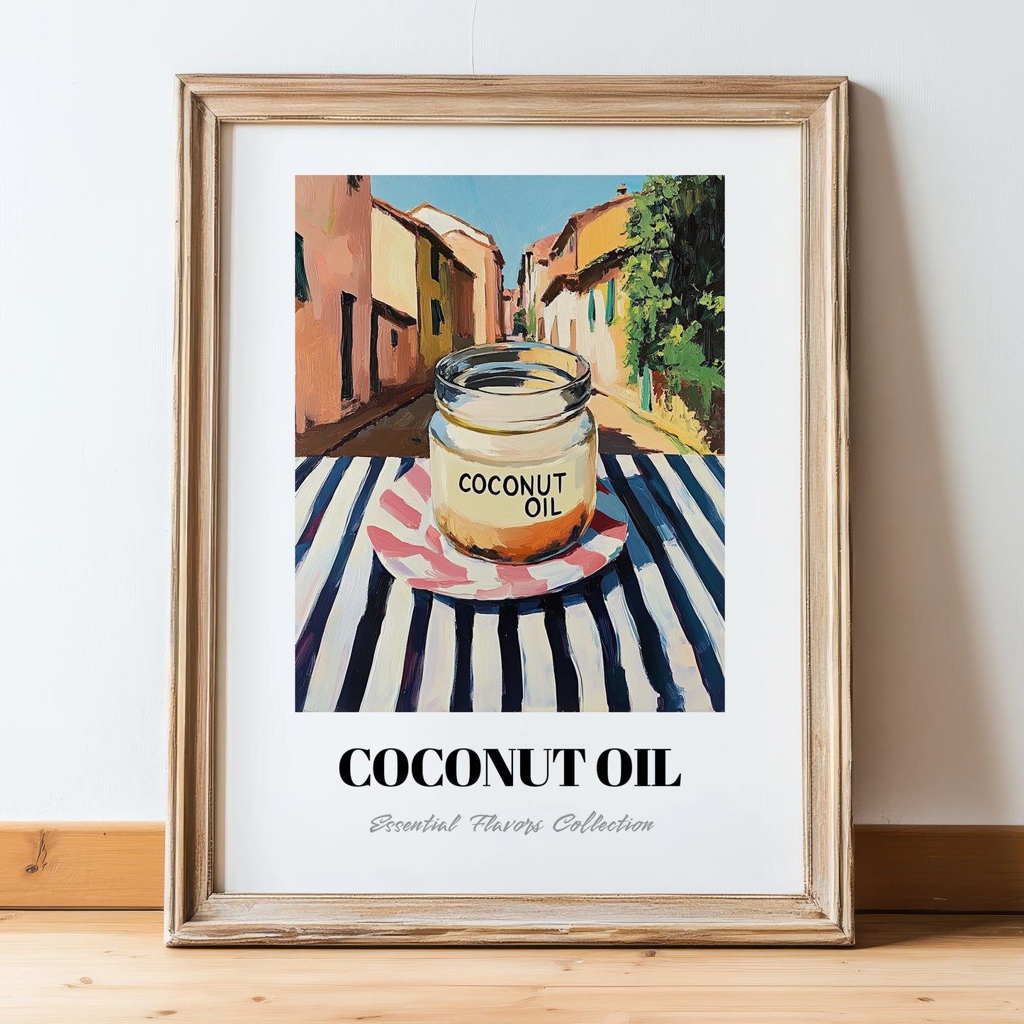 Coconut Oil – Italian Outdoor Café Scene, Larder Illustration, in wooden frame leaning on the floor