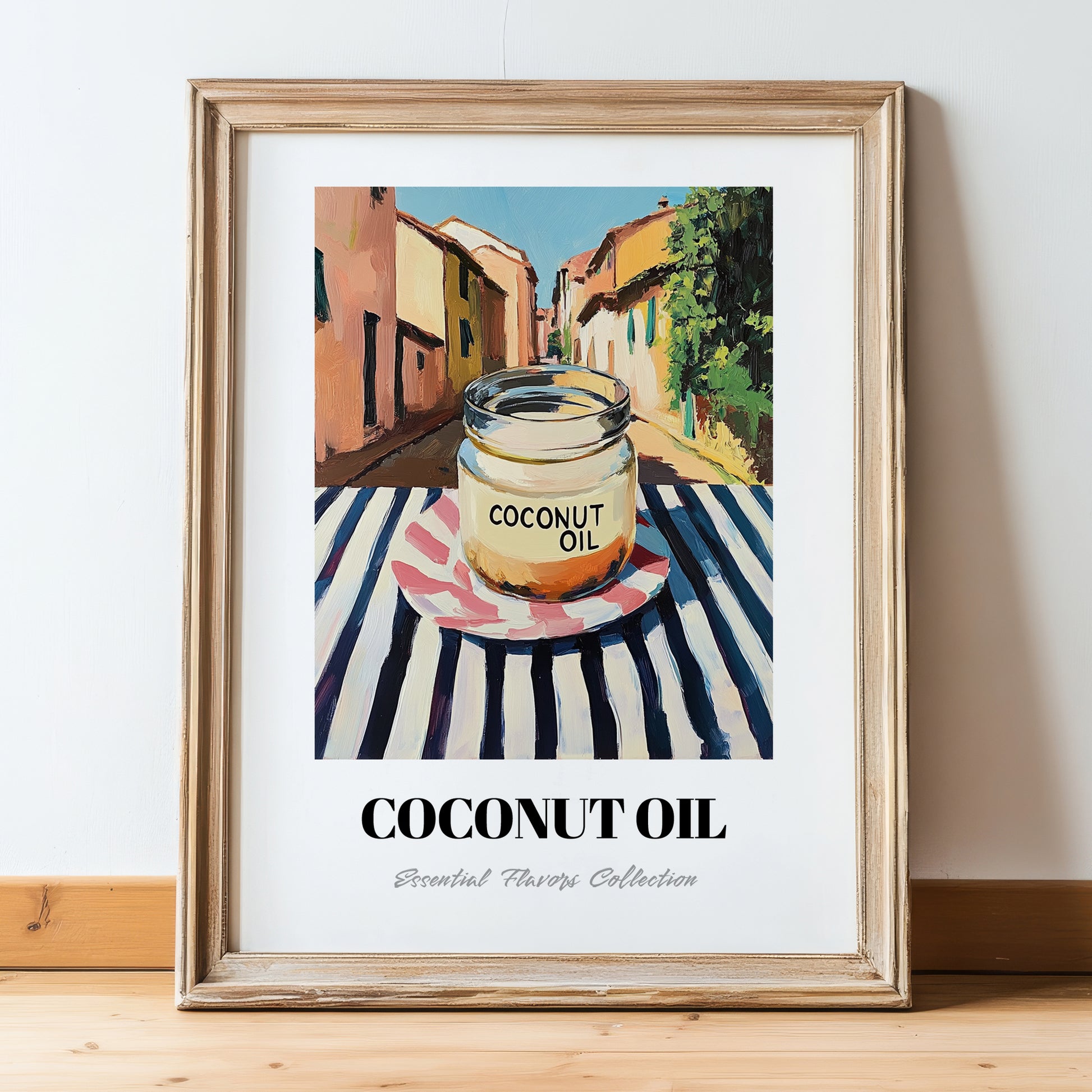 Coconut Oil – Italian Outdoor Café Scene, Larder Illustration, in wooden frame leaning on the floor