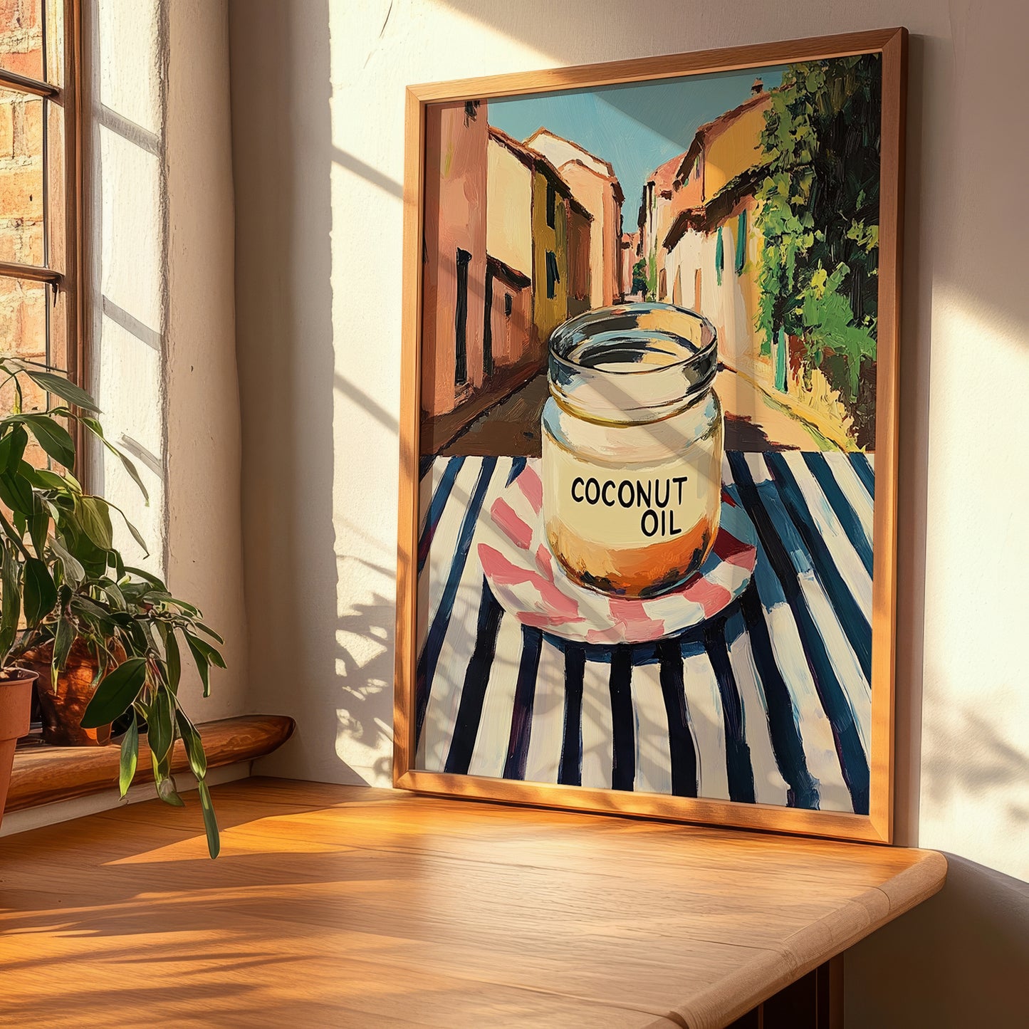 Coconut Oil – Italian Outdoor Café Scene, Larder Illustration, clean layout with no caption