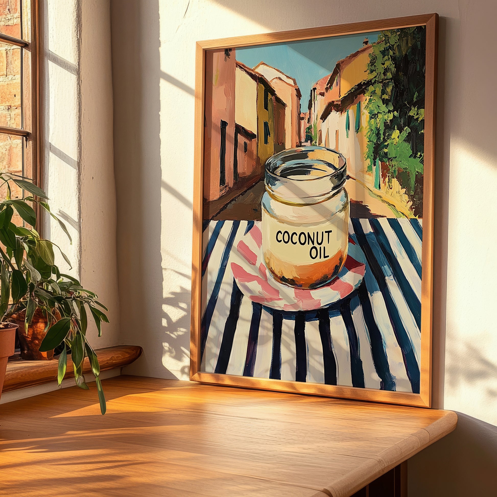 Coconut Oil – Italian Outdoor Café Scene, Larder Illustration, clean layout with no caption