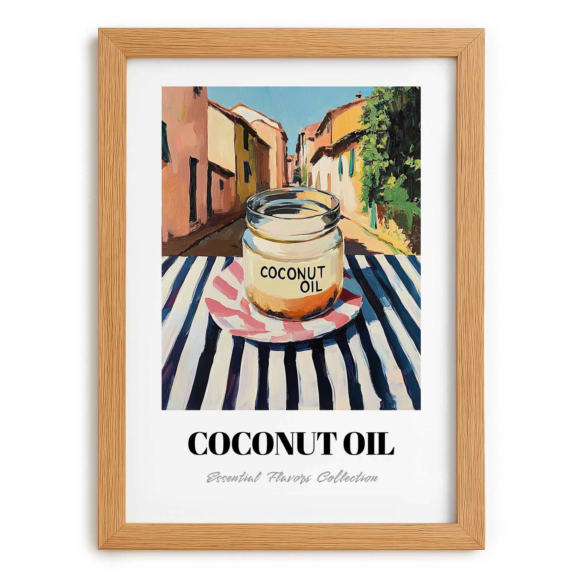 Coconut Oil – Italian Outdoor Café Scene, Larder Illustration, set in oak frame
