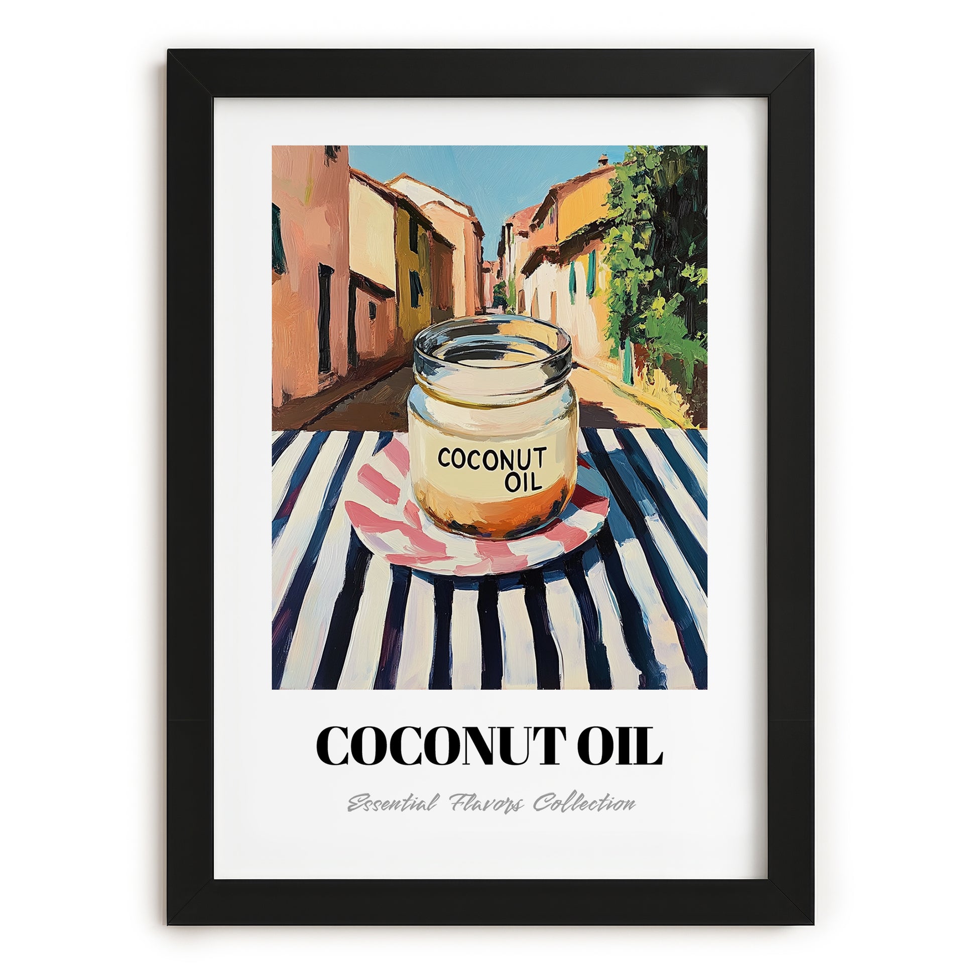 Coconut Oil – Italian Outdoor Café Scene, Larder Illustration, in sleek black frame