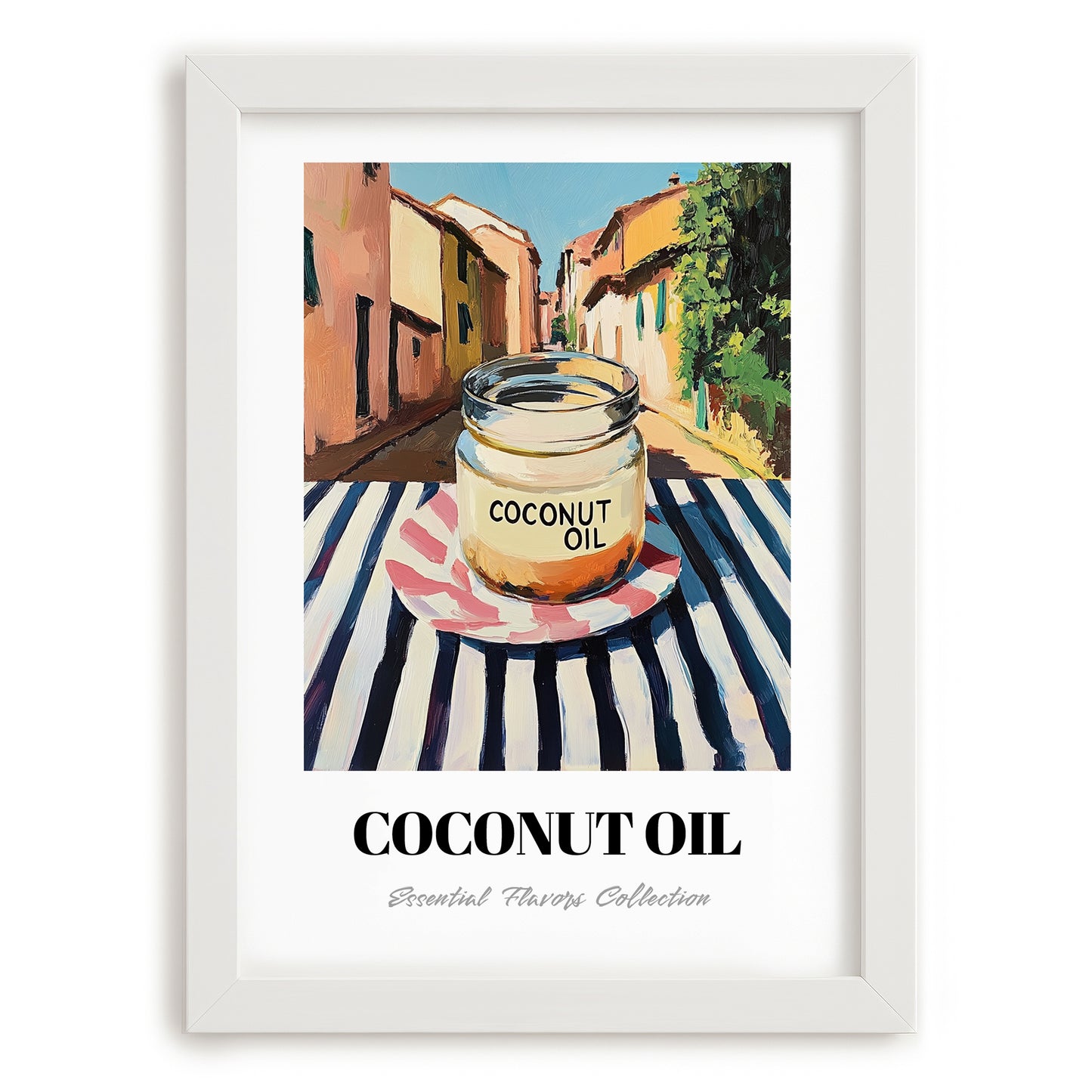 Coconut Oil – Italian Outdoor Café Scene, Larder Illustration, placed in minimal white frame