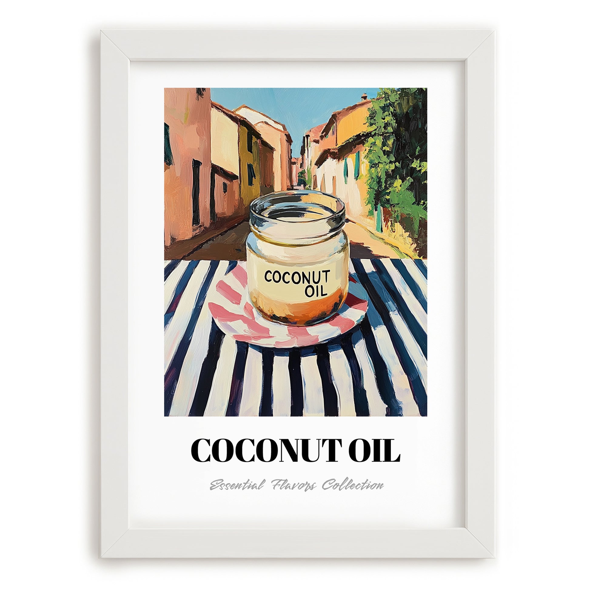 Coconut Oil – Italian Outdoor Café Scene, Larder Illustration, placed in minimal white frame