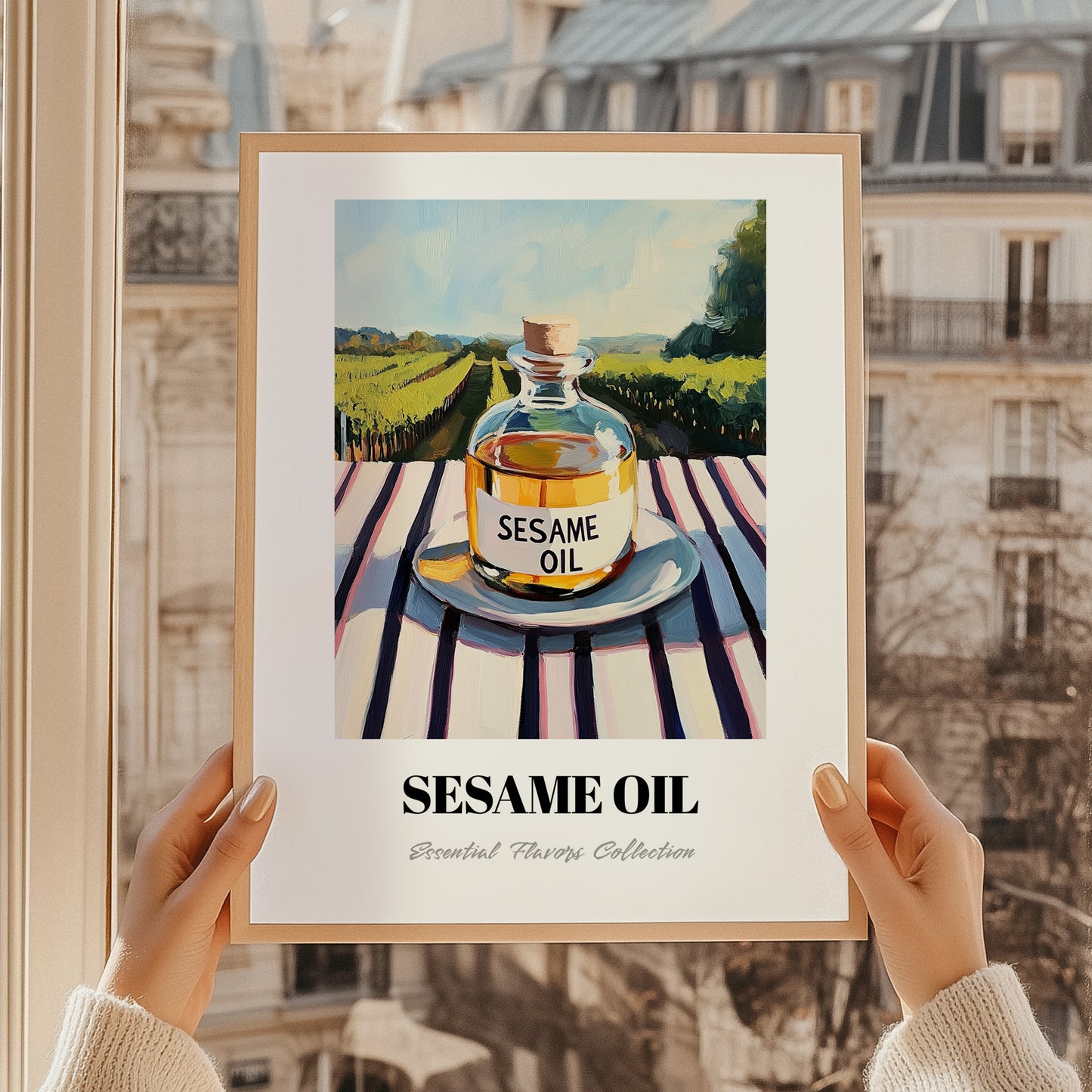 Sesame Oil – Italian Hillside Café View, Dry Goods Art, styled in a charming Paris street view