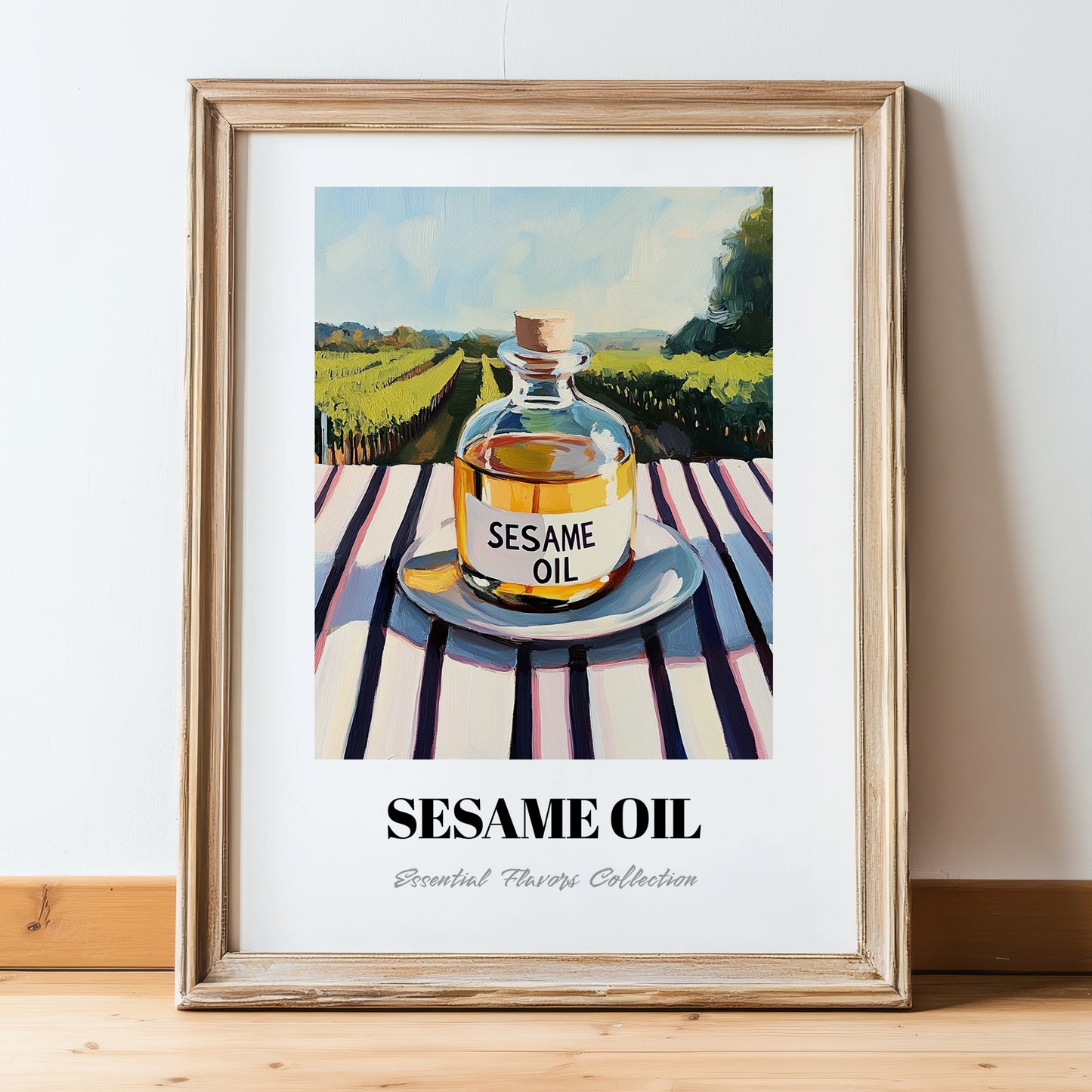 Sesame Oil – Italian Hillside Café View, Dry Goods Art, in wooden frame leaning on the floor
