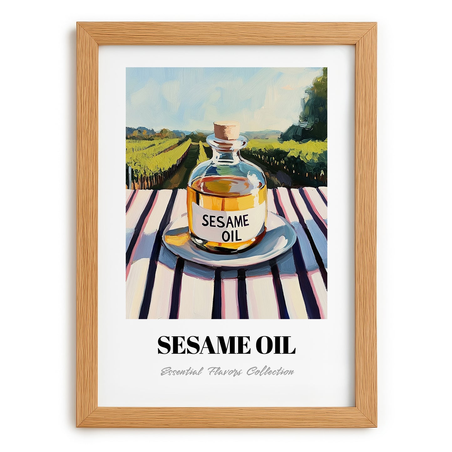 Sesame Oil – Italian Hillside Café View, Dry Goods Art, set in oak frame