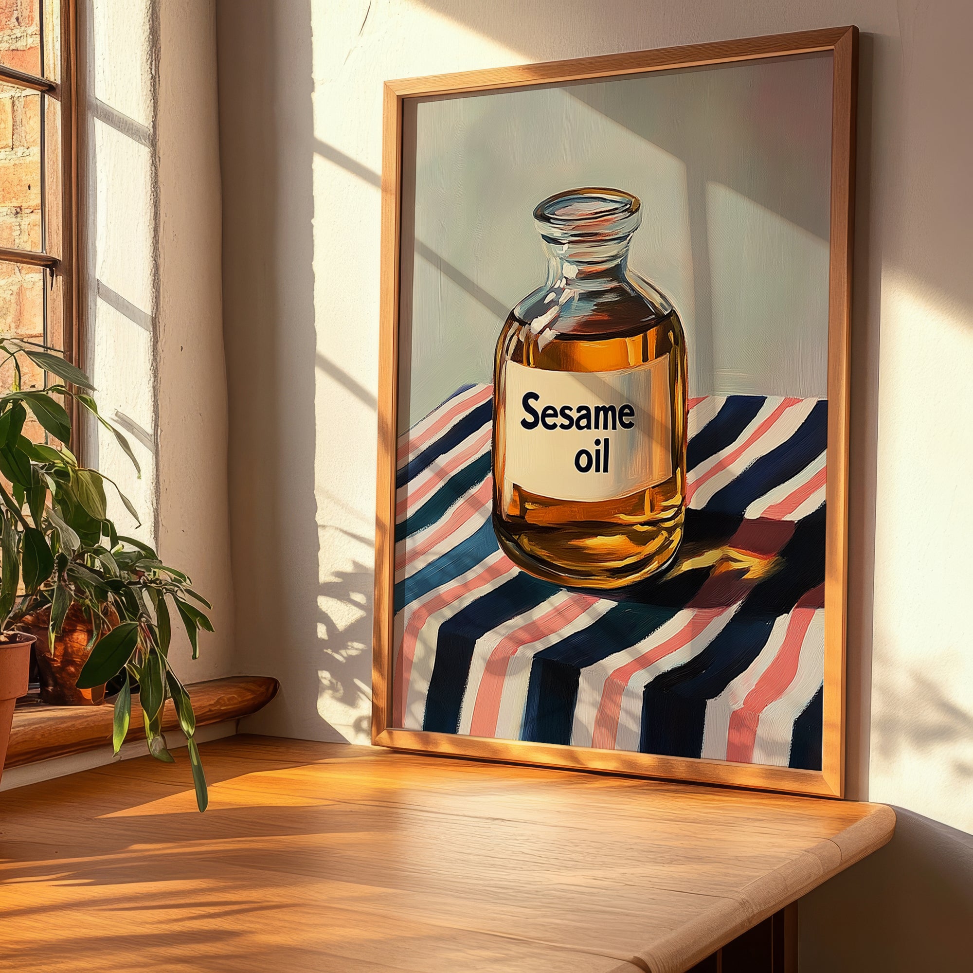 Sesame Oil – on Striped Tablecloth, Pantry Painting, clean layout with no caption