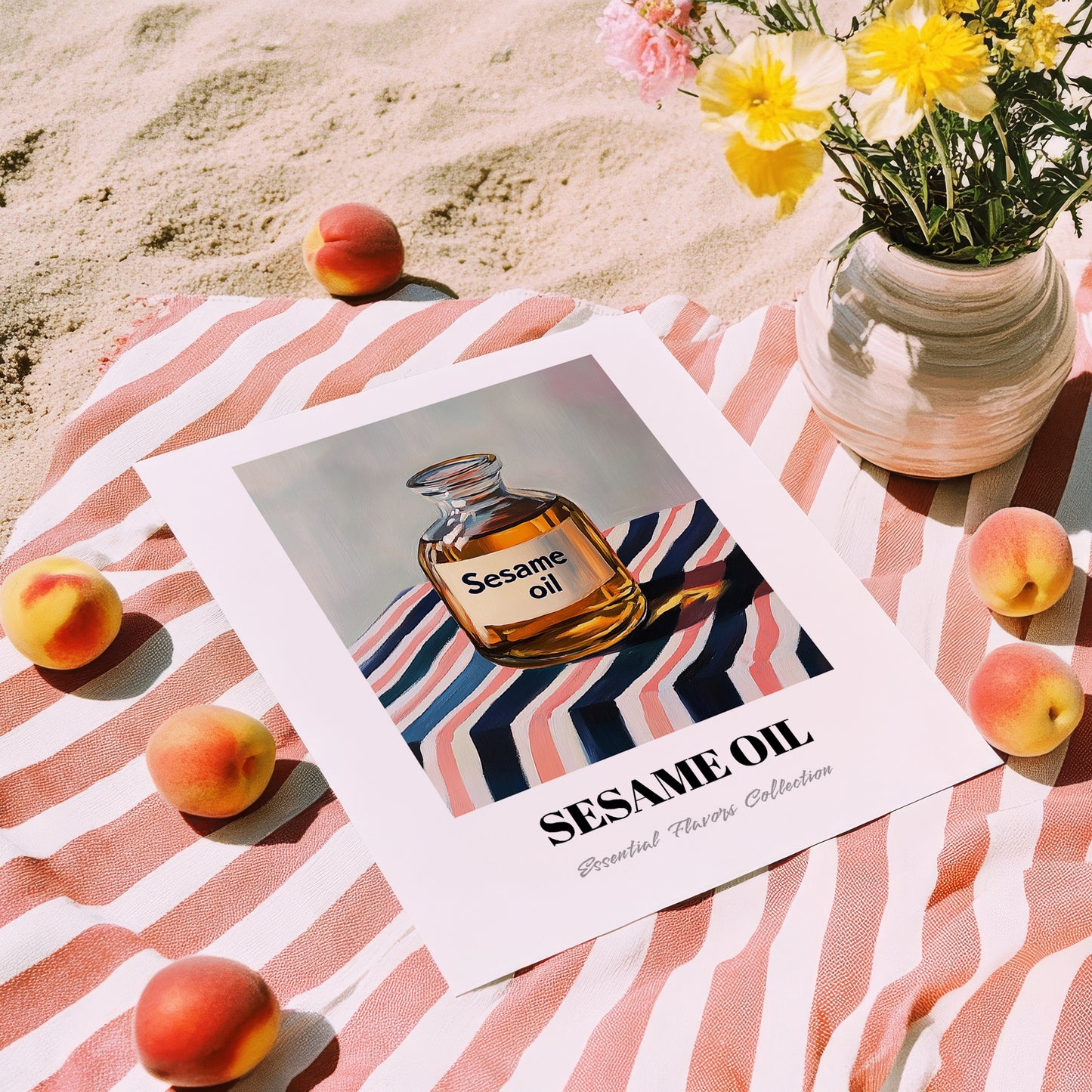 Sesame Oil – on Striped Tablecloth, Pantry Painting, unframed on coastal sand