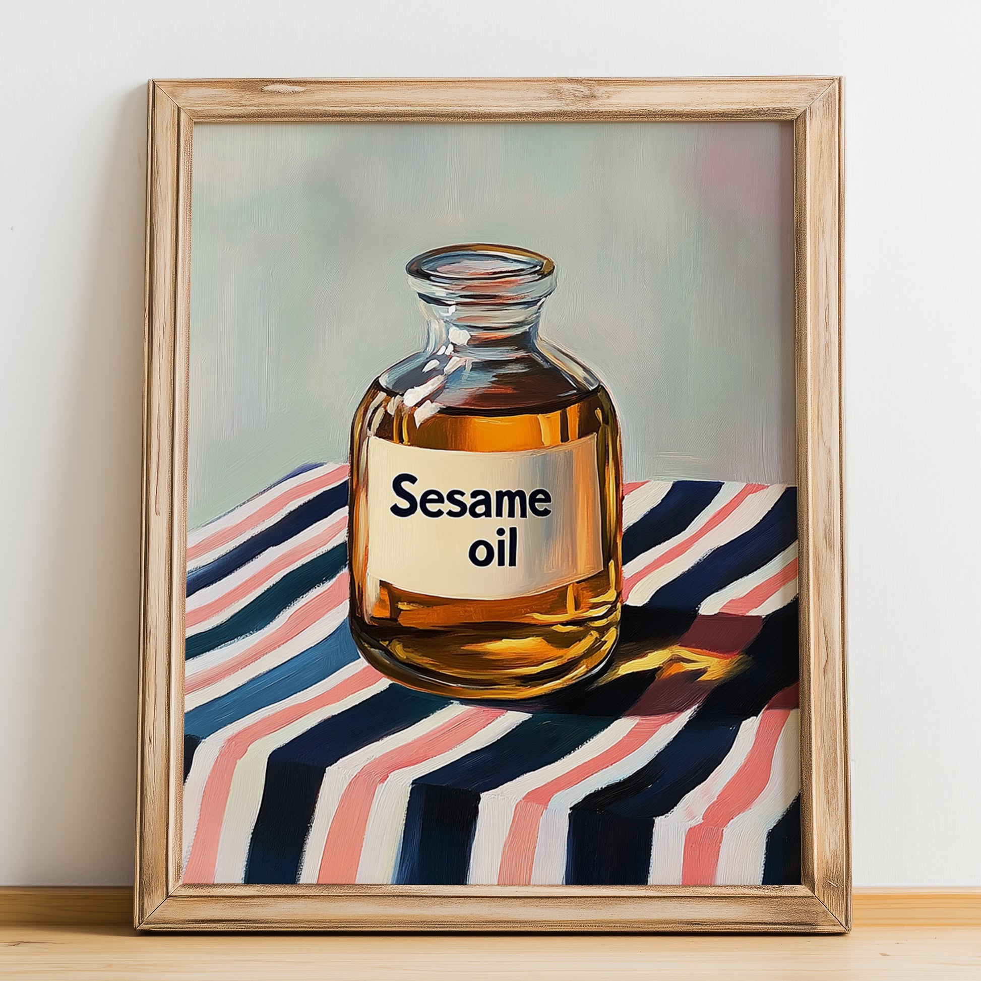 Sesame Oil – on Striped Tablecloth, Pantry Painting, no-text version framed in wood