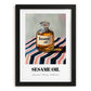 Sesame Oil – on Striped Tablecloth, Pantry Painting, in sleek black frame