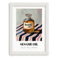 Sesame Oil – on Striped Tablecloth, Pantry Painting, placed in minimal white frame