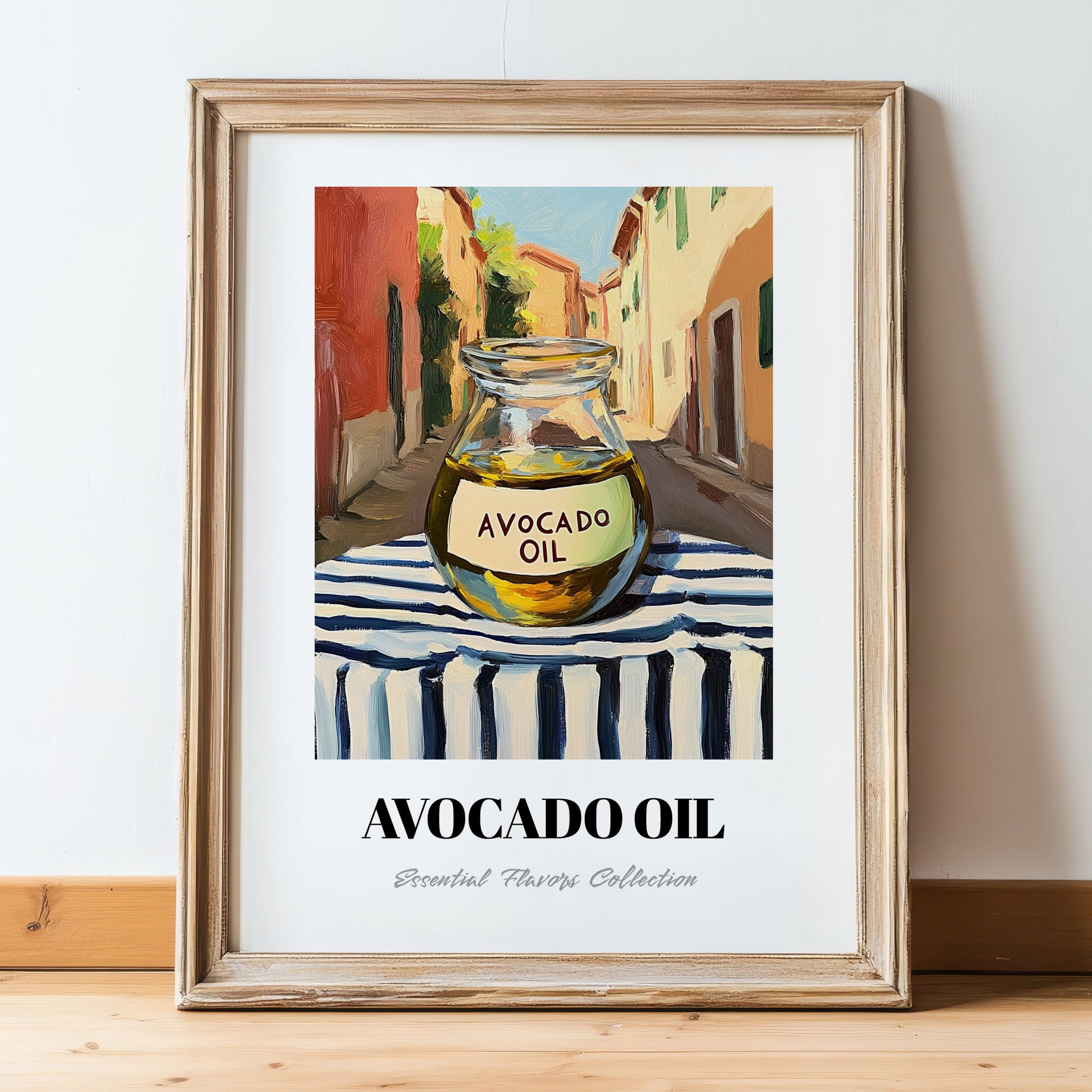 Avocado Oil – Italian Street Café Scene, Dry Goods Wall Art, in wooden frame leaning on the floor