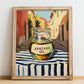 Avocado Oil – Italian Street Café Scene, Dry Goods Wall Art, no-text version framed in wood