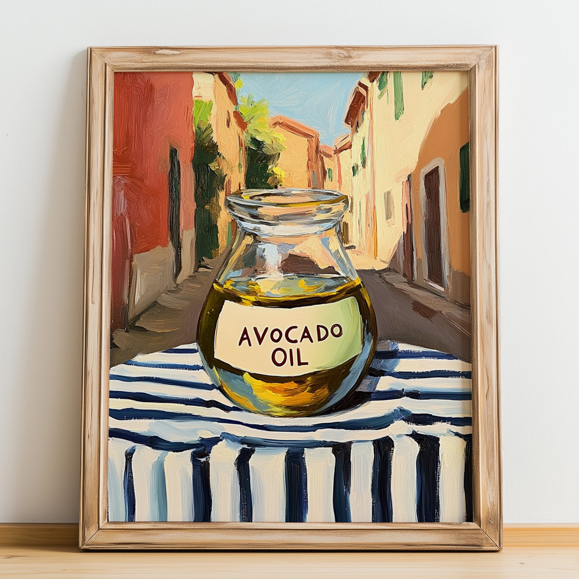 Avocado Oil – Italian Street Café Scene, Dry Goods Wall Art, no-text version framed in wood