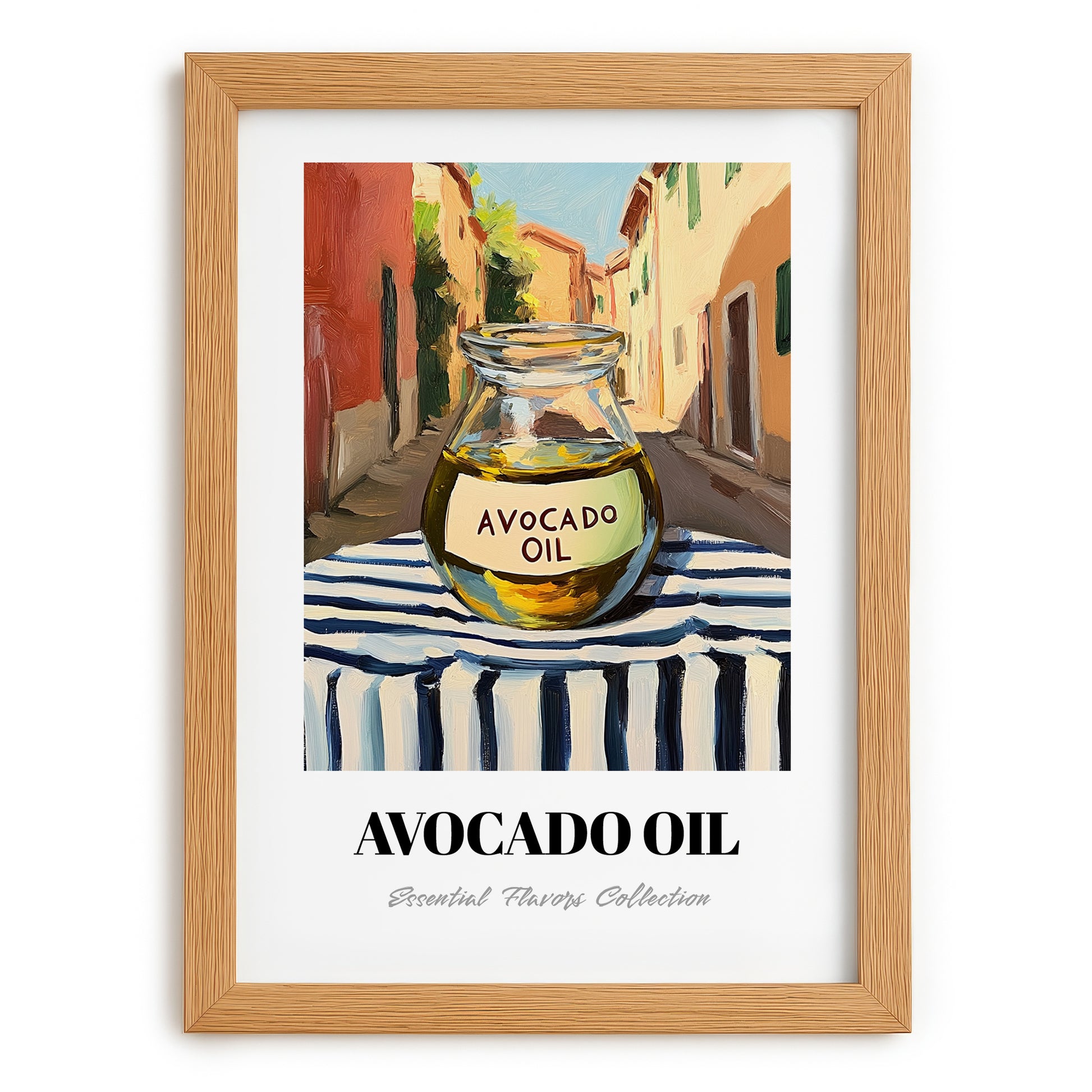 Avocado Oil – Italian Street Café Scene, Dry Goods Wall Art, set in oak frame
