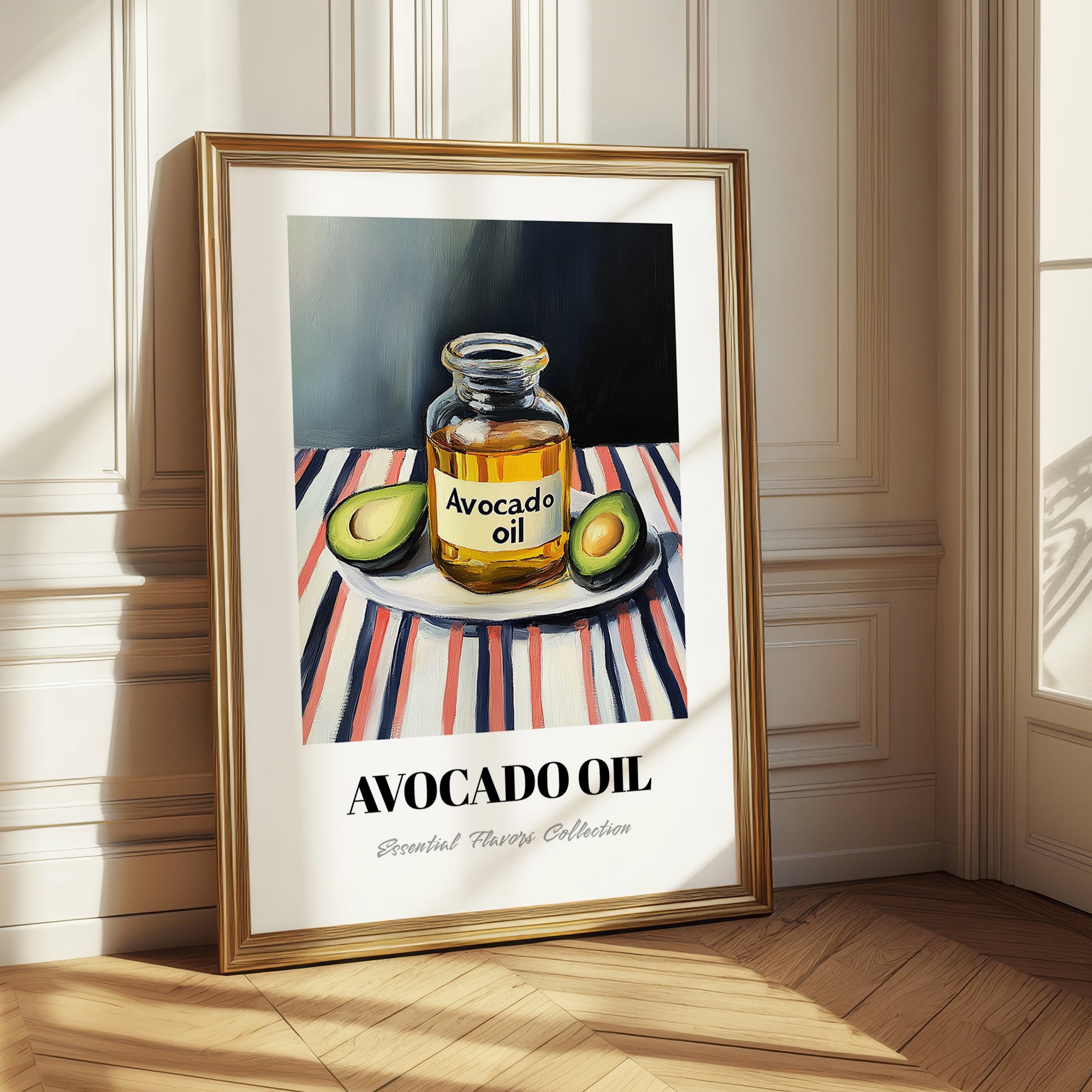 Avocado Oil – on Striped Tablecloth, Pantry Wall Art