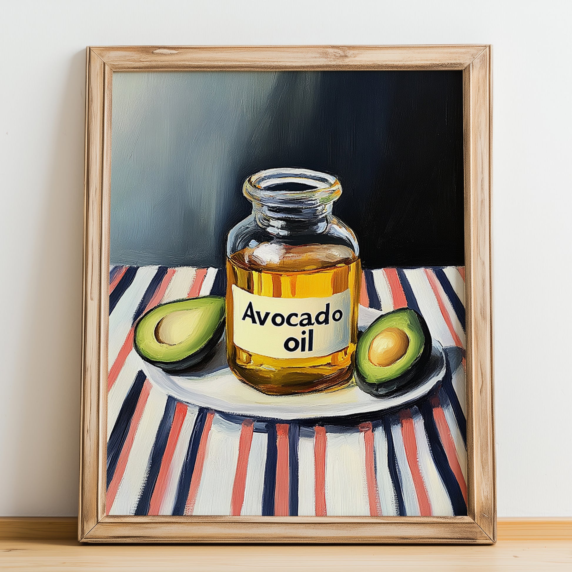 Avocado Oil – on Striped Tablecloth, Pantry Wall Art, no-text version framed in wood