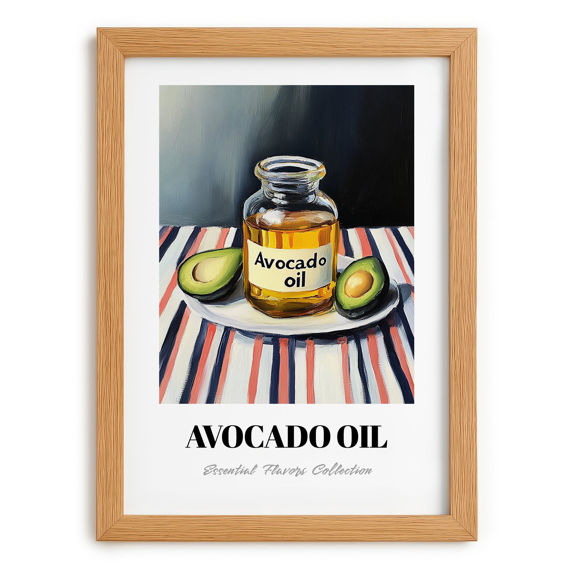 Avocado Oil – on Striped Tablecloth, Pantry Wall Art, set in oak frame