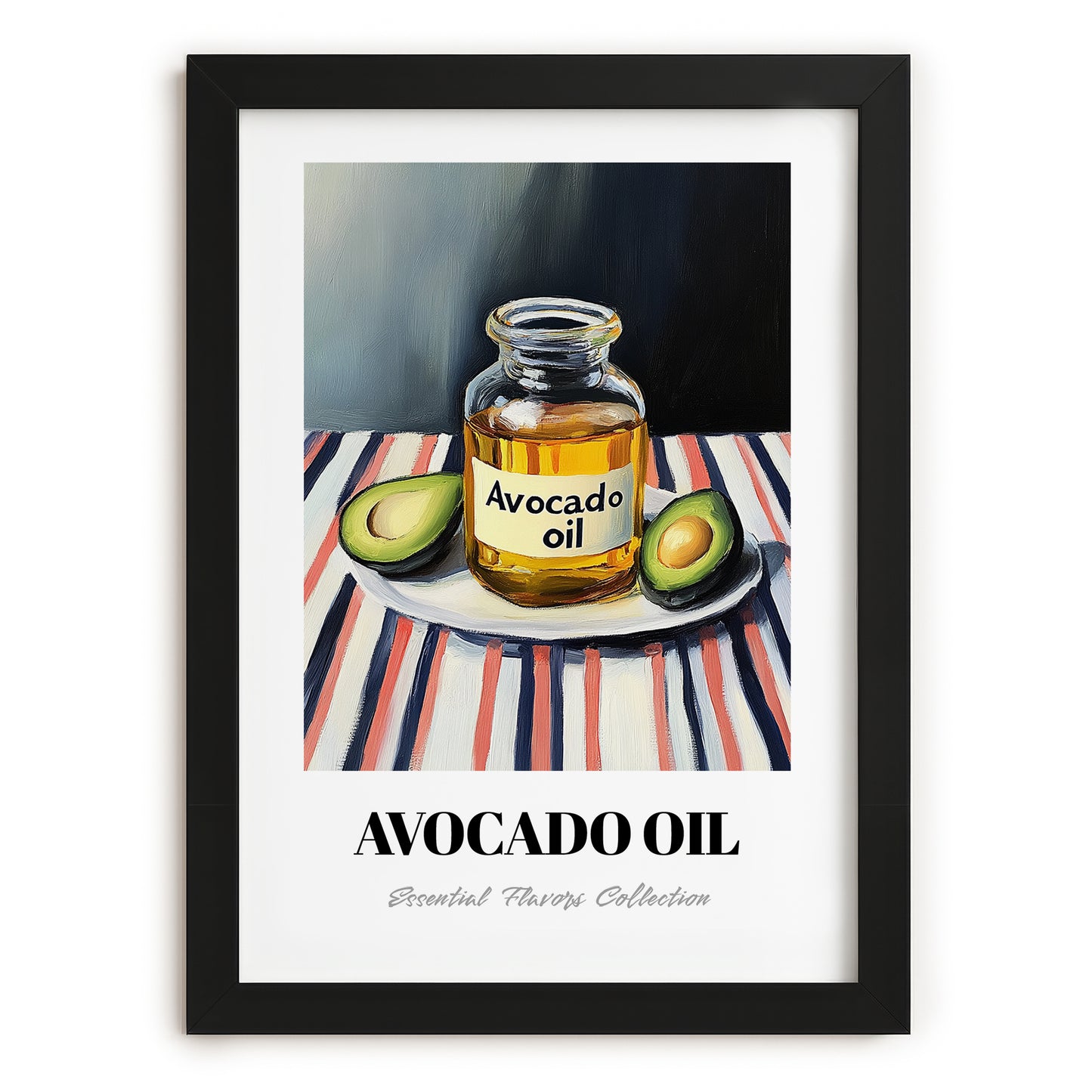 Avocado Oil – on Striped Tablecloth, Pantry Wall Art, in sleek black frame