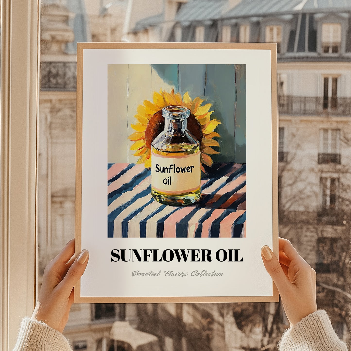 Sunflower Oil – on Striped Tablecloth, Pantry Wall Art, styled in a charming Paris street view