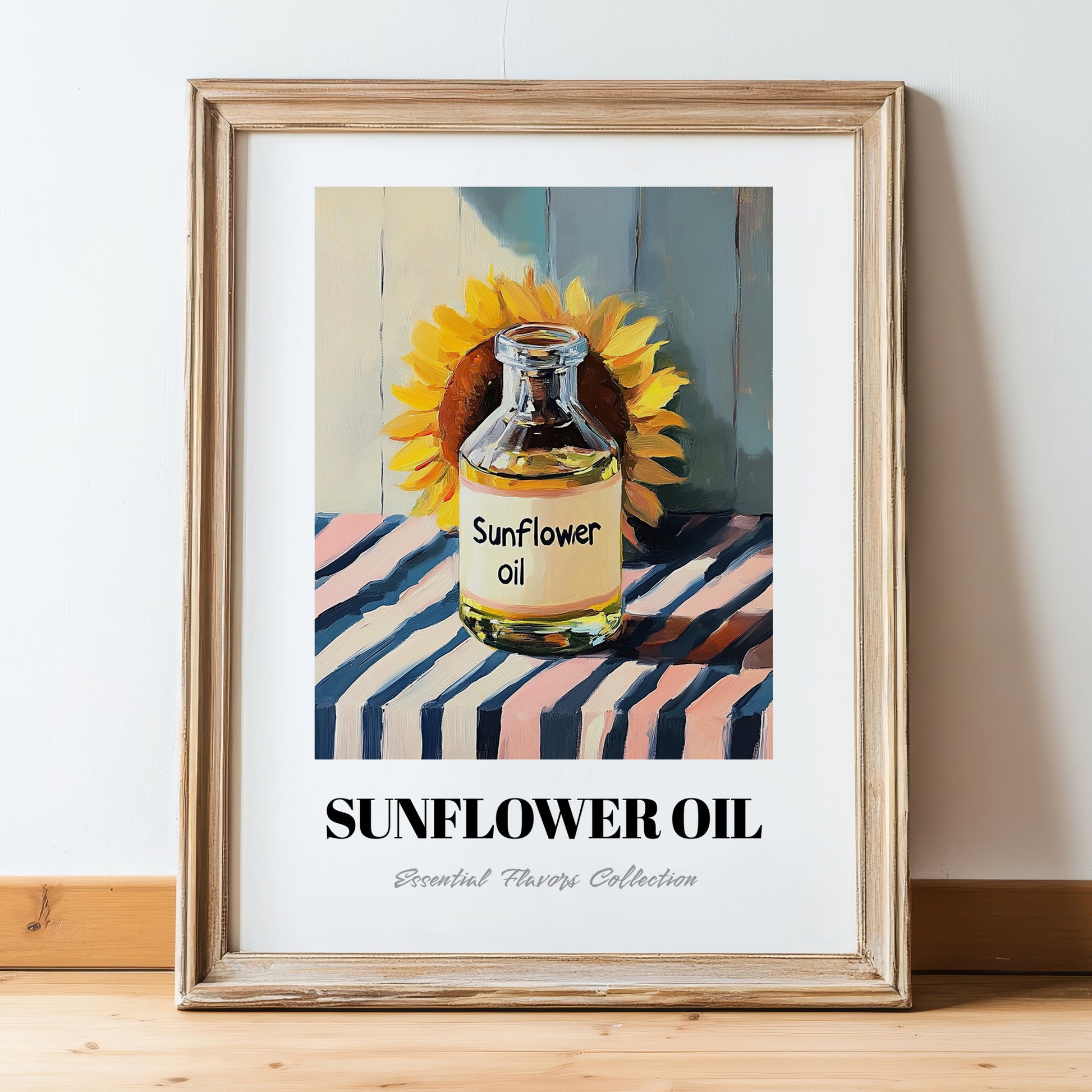 Sunflower Oil – on Striped Tablecloth, Pantry Wall Art, in wooden frame leaning on the floor