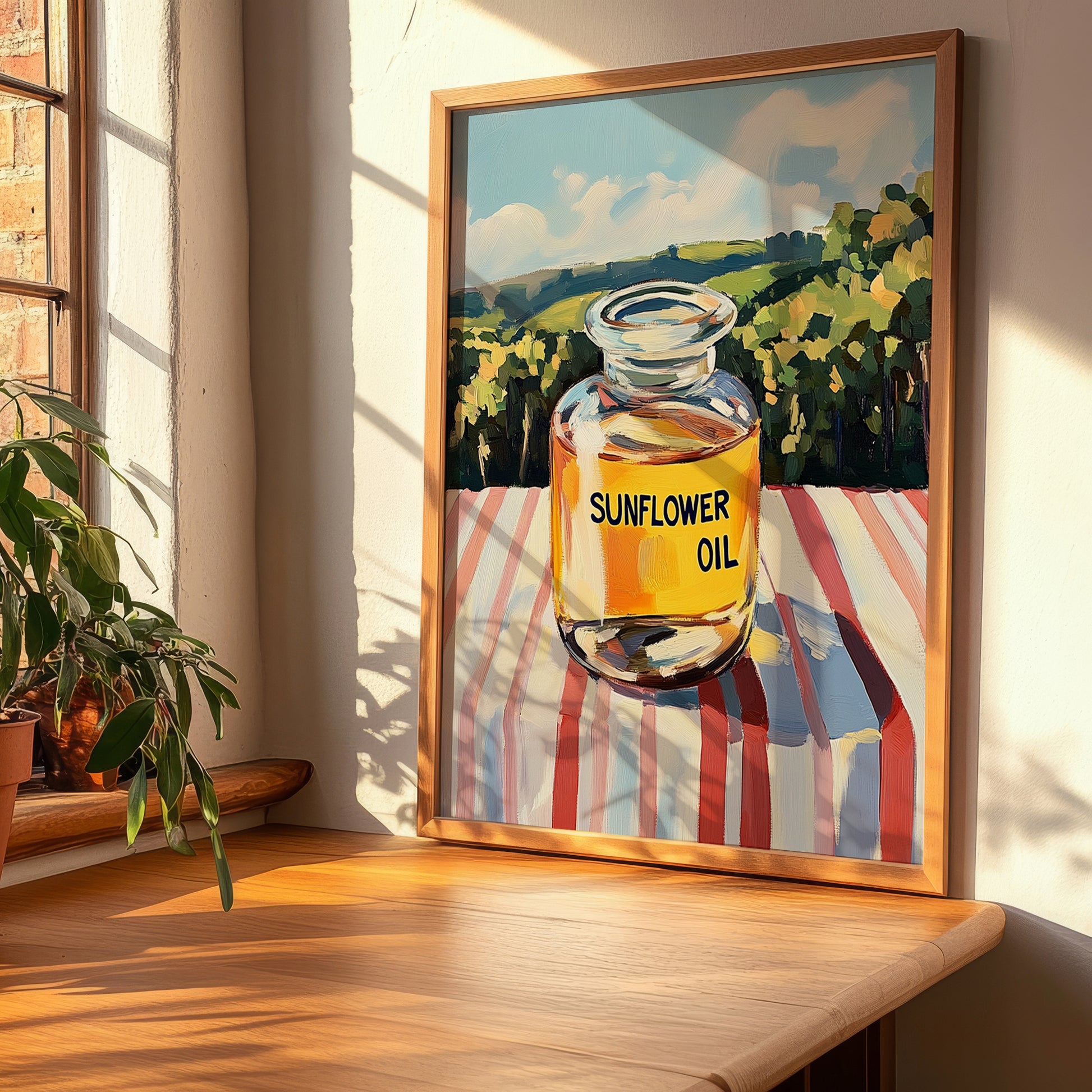Sunflower Oil – Italian Hillside Café View, Ingredients Corner Painting, clean layout with no caption