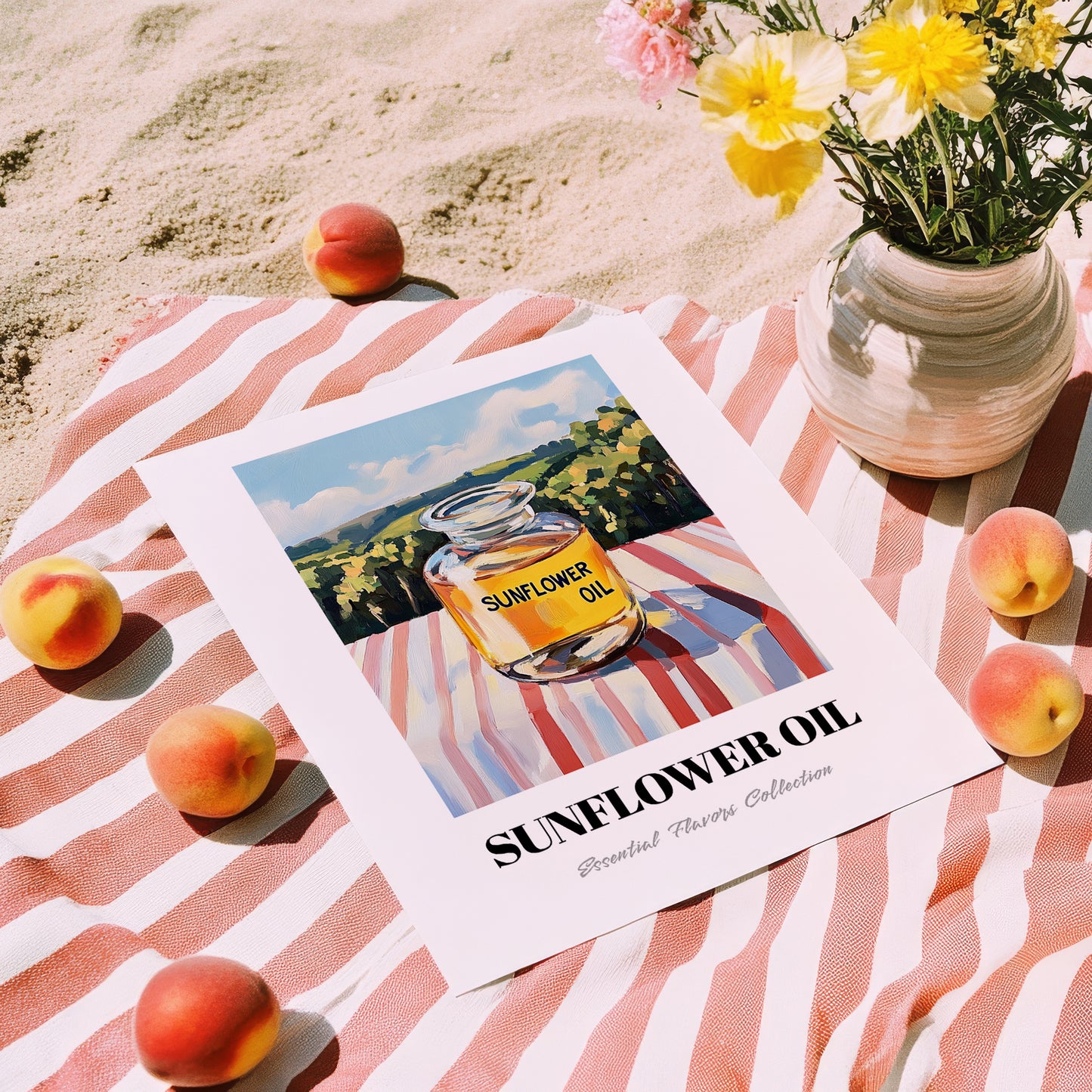 Sunflower Oil – Italian Hillside Café View, Ingredients Corner Painting, unframed on coastal sand