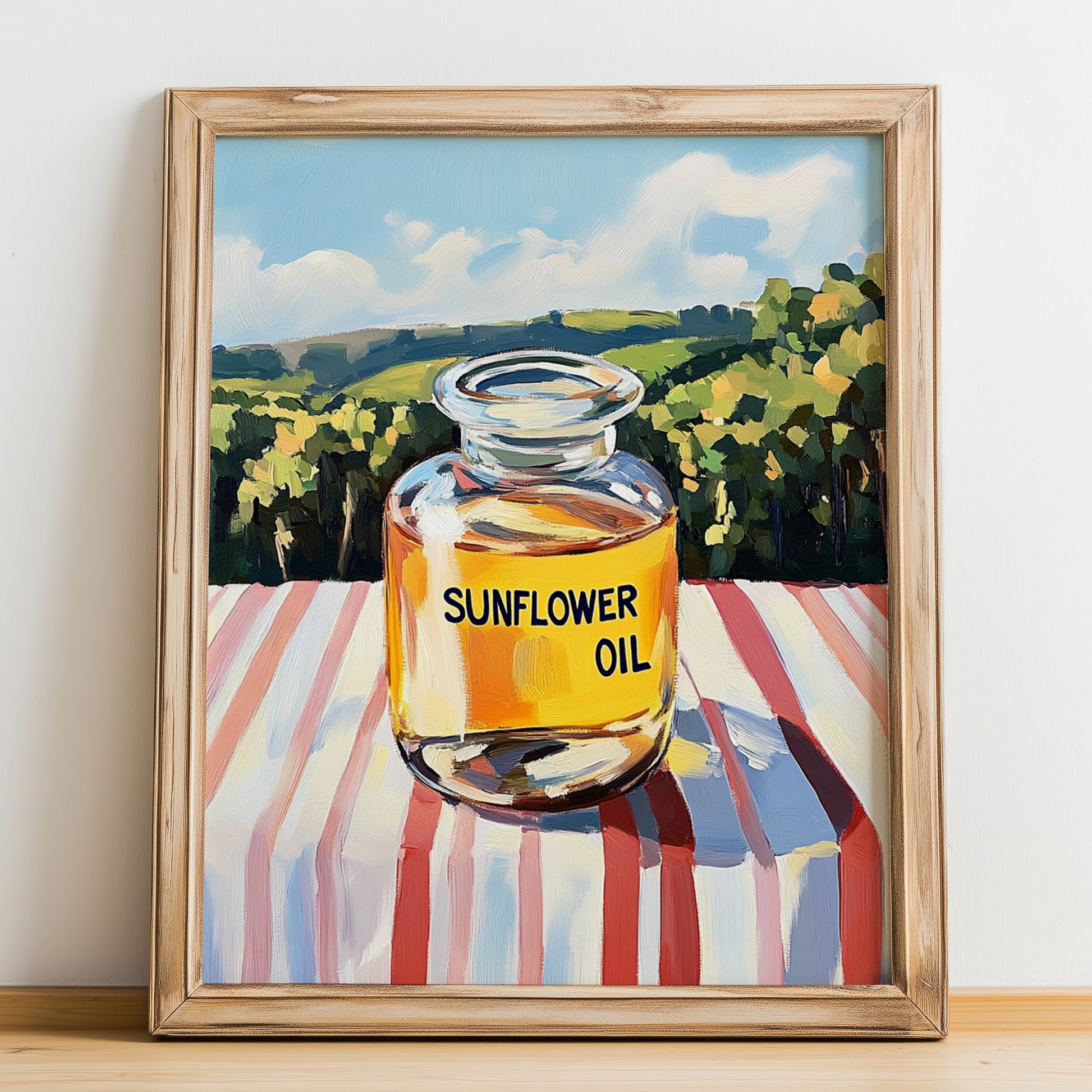 Sunflower Oil – Italian Hillside Café View, Ingredients Corner Painting, no-text version framed in wood
