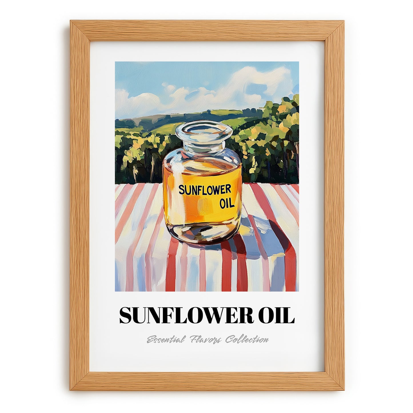 Sunflower Oil – Italian Hillside Café View, Ingredients Corner Painting, set in oak frame