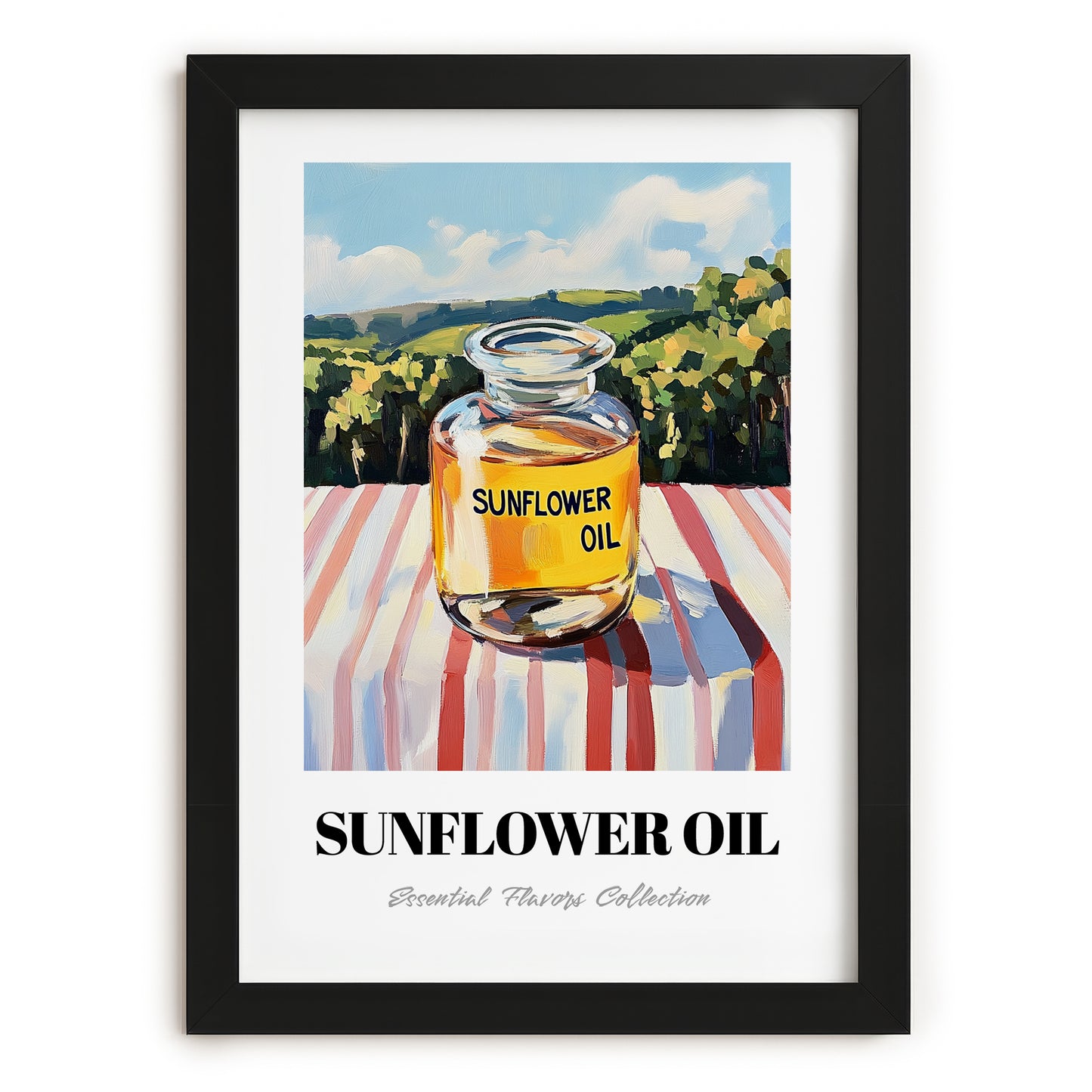 Sunflower Oil – Italian Hillside Café View, Ingredients Corner Painting, in sleek black frame