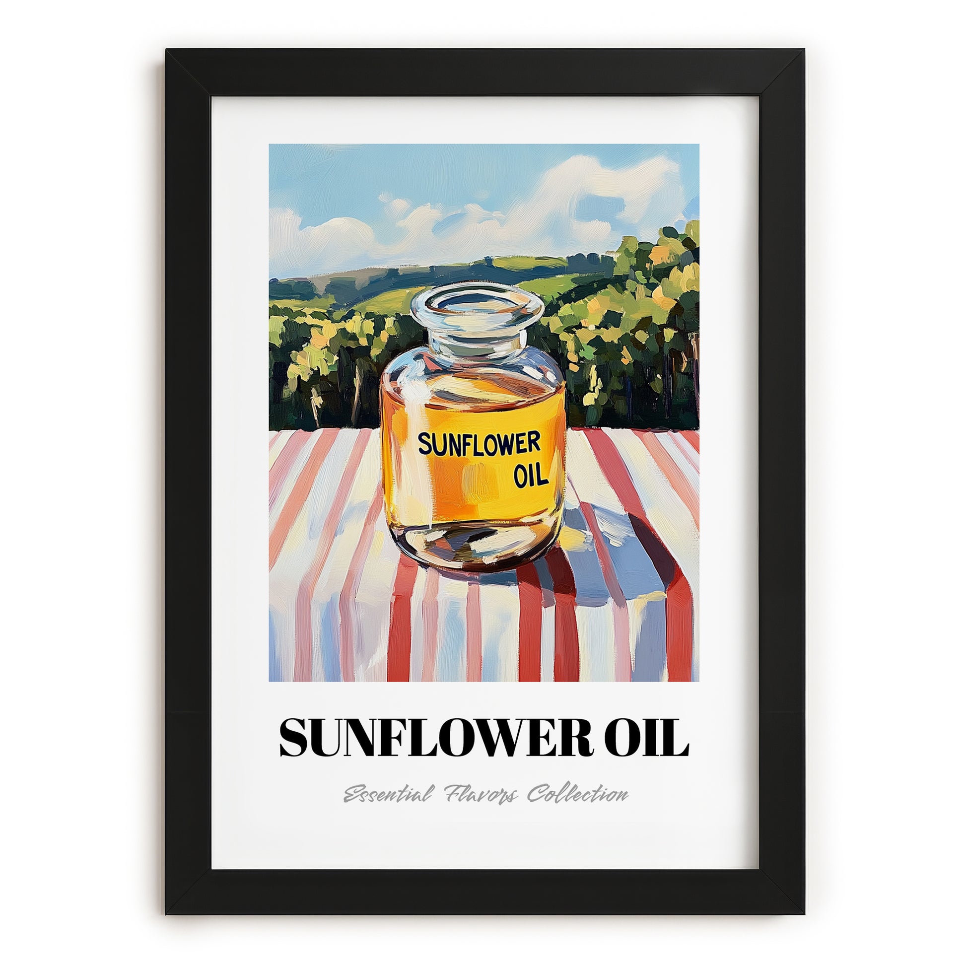Sunflower Oil – Italian Hillside Café View, Ingredients Corner Painting, in sleek black frame