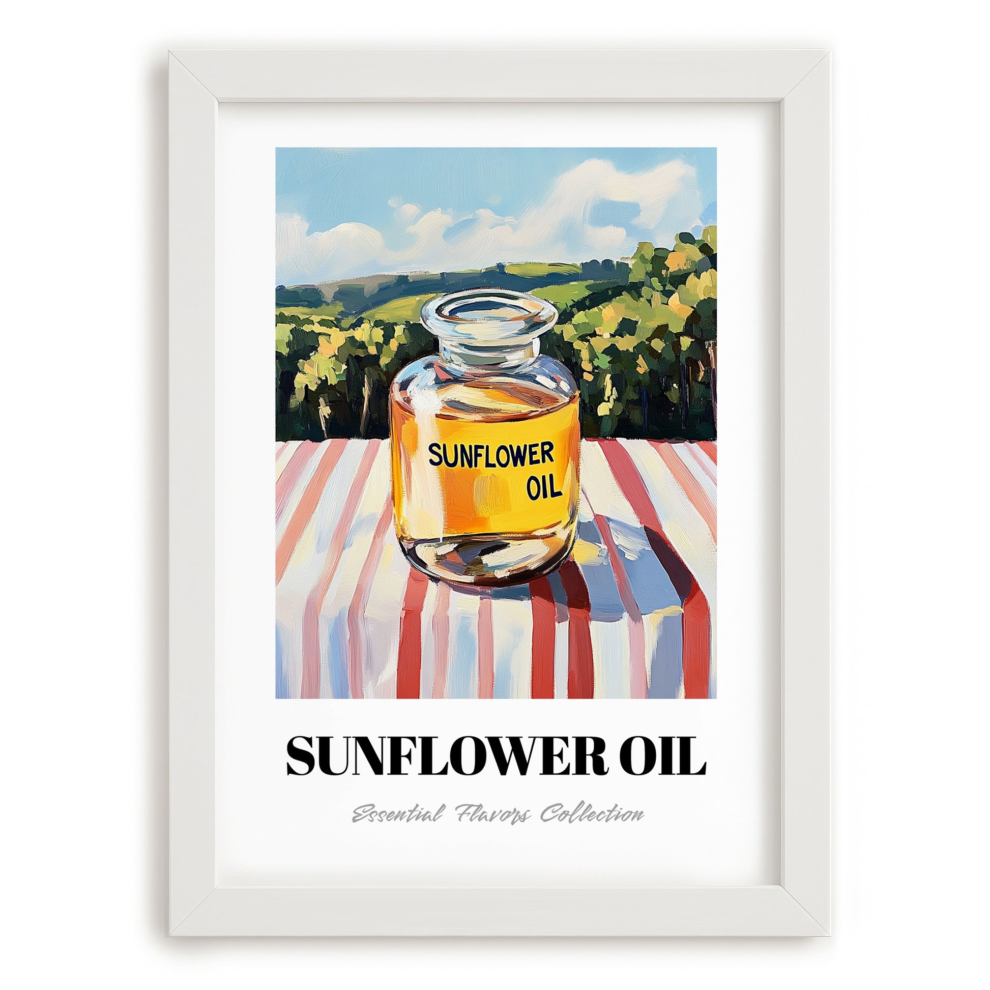 Sunflower Oil – Italian Hillside Café View, Ingredients Corner Painting, placed in minimal white frame