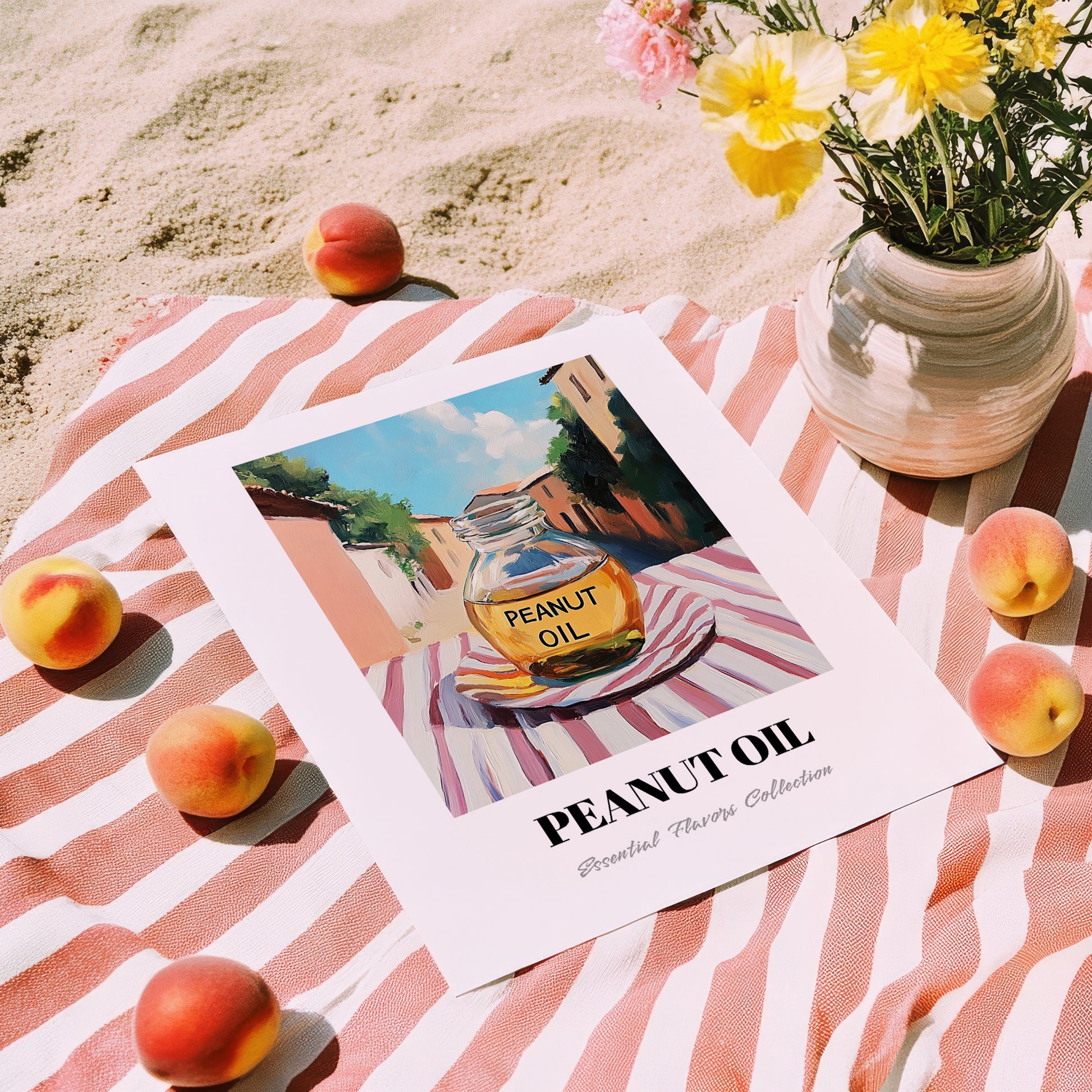 Peanut Oil – Italian Street Café Scene, Pantry Wall Art, unframed on coastal sand