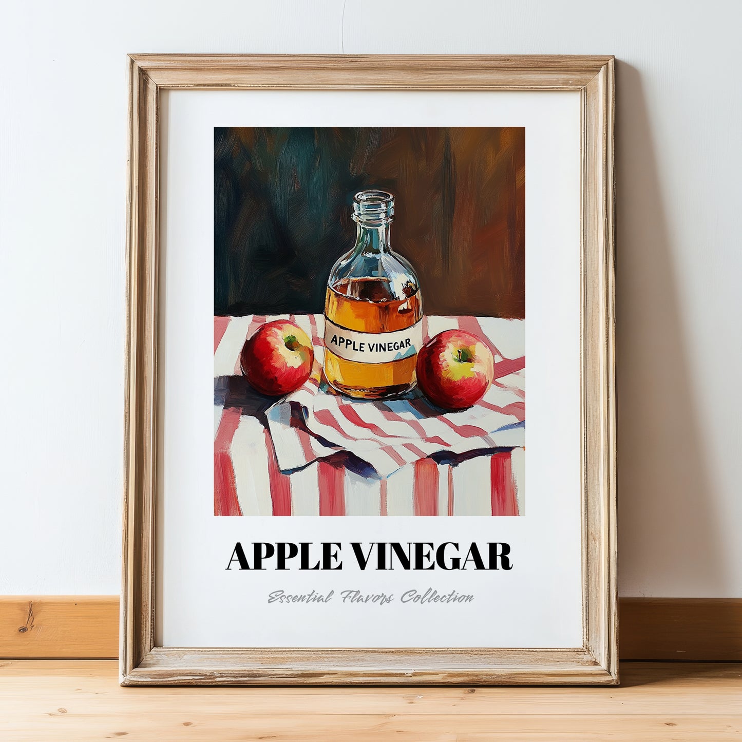 Apple Vinegar – on Striped Tablecloth, Shelf Stock Print, in wooden frame leaning on the floor