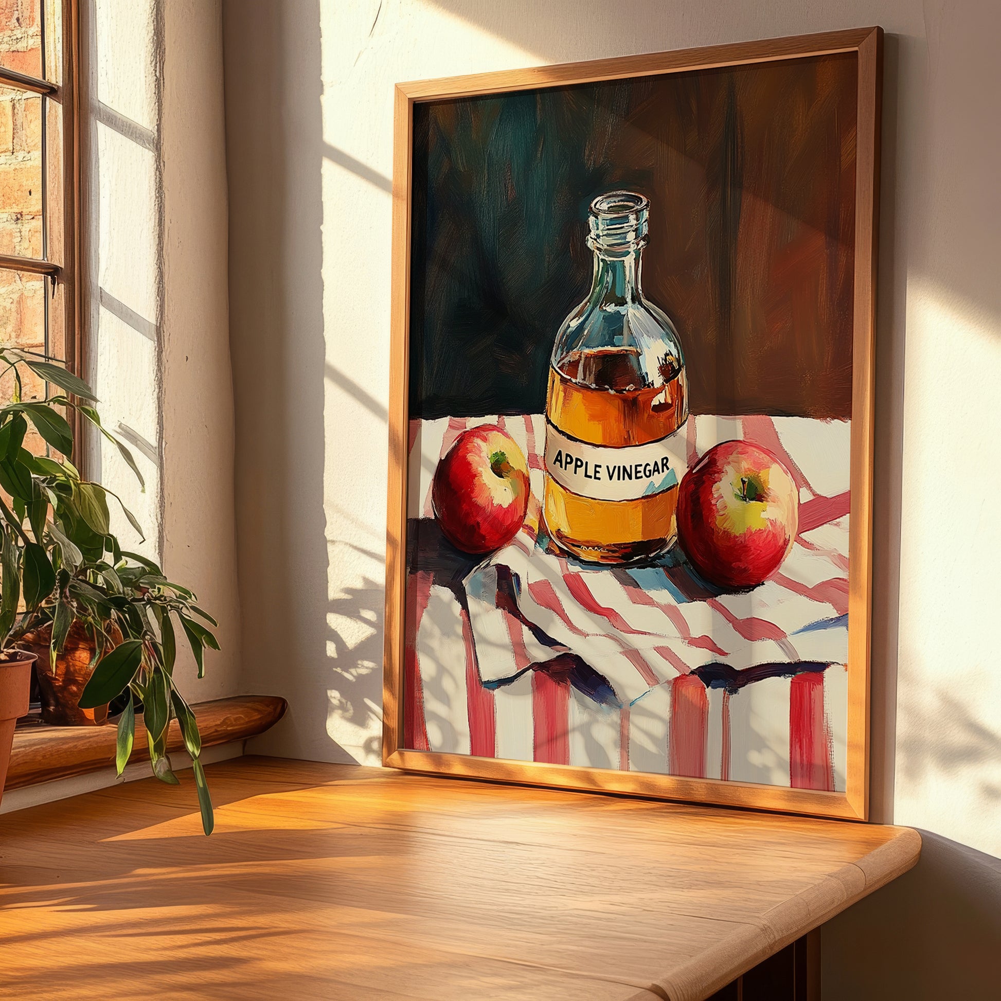 Apple Vinegar – on Striped Tablecloth, Shelf Stock Print, clean layout with no caption