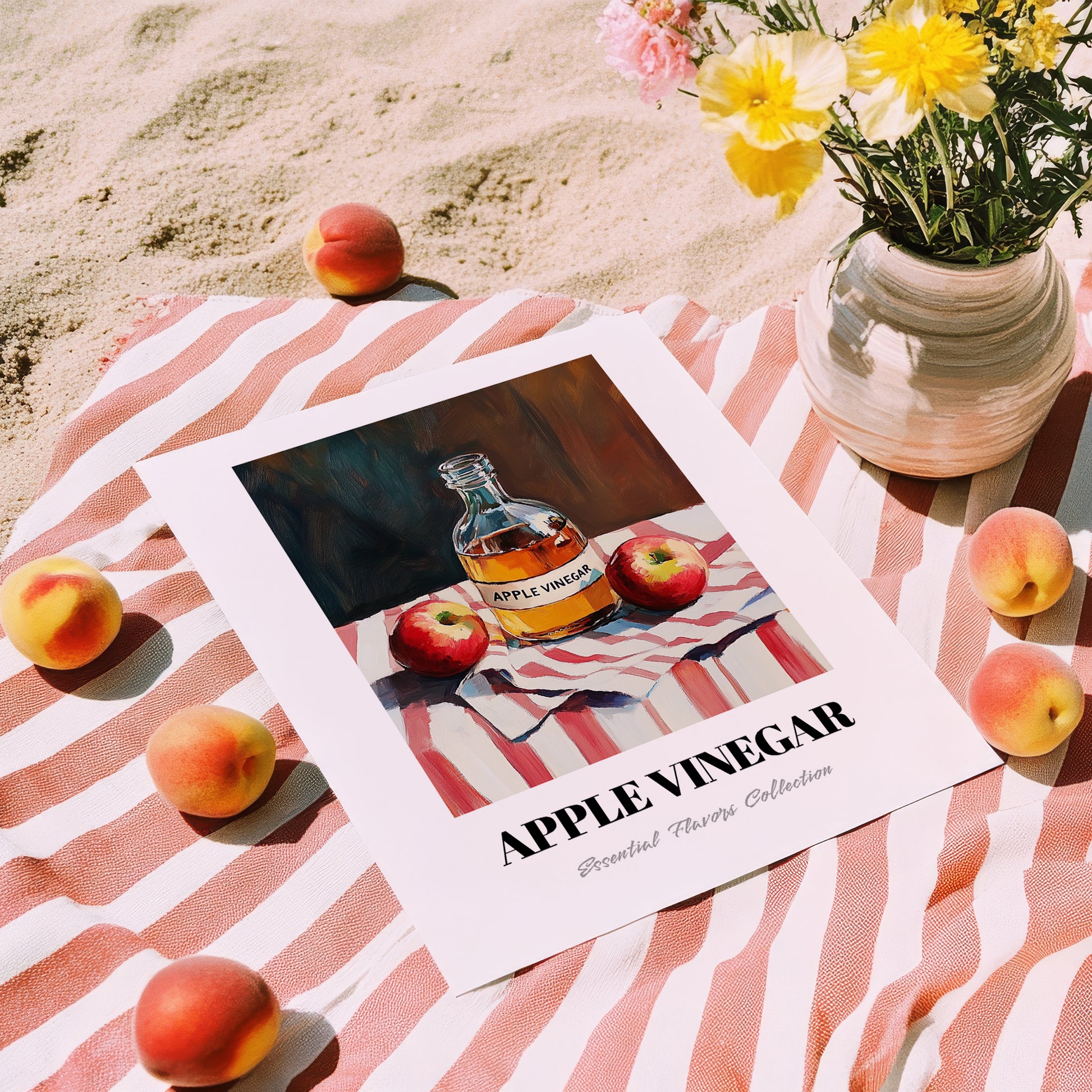 Apple Vinegar – on Striped Tablecloth, Shelf Stock Print, unframed on coastal sand