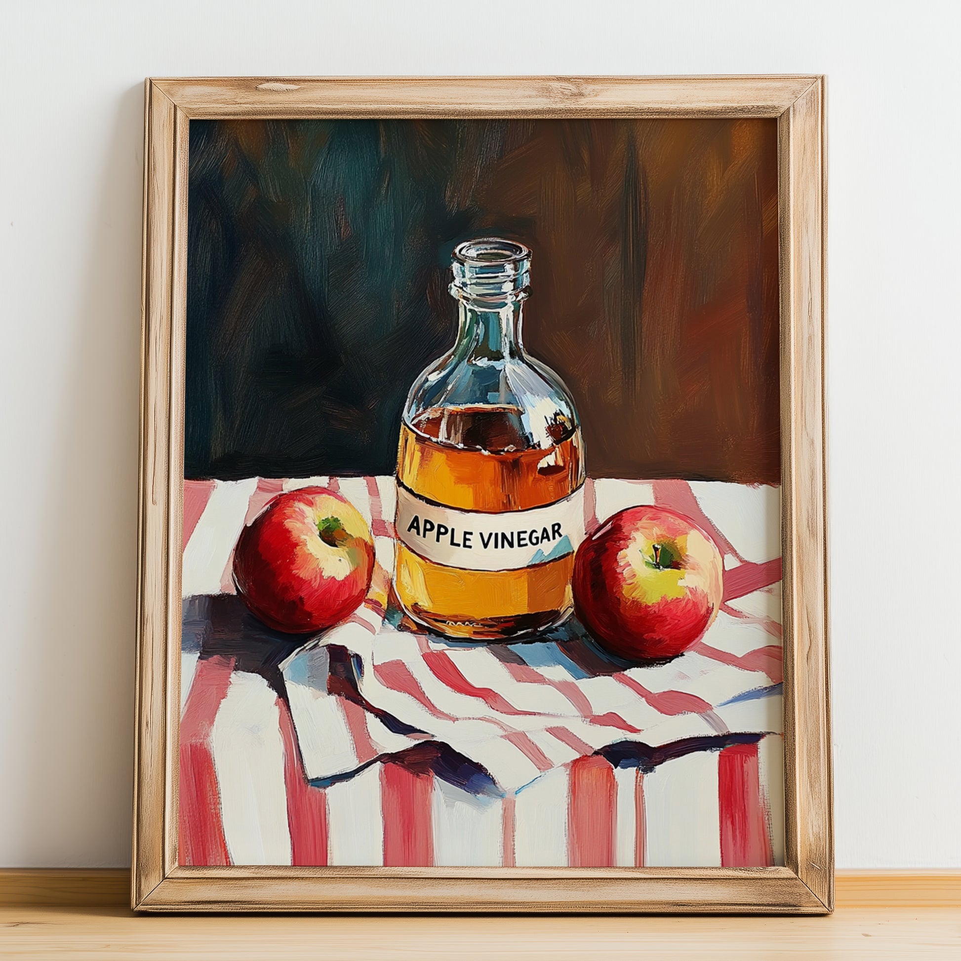 Apple Vinegar – on Striped Tablecloth, Shelf Stock Print, no-text version framed in wood