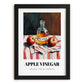 Apple Vinegar – on Striped Tablecloth, Shelf Stock Print, in sleek black frame