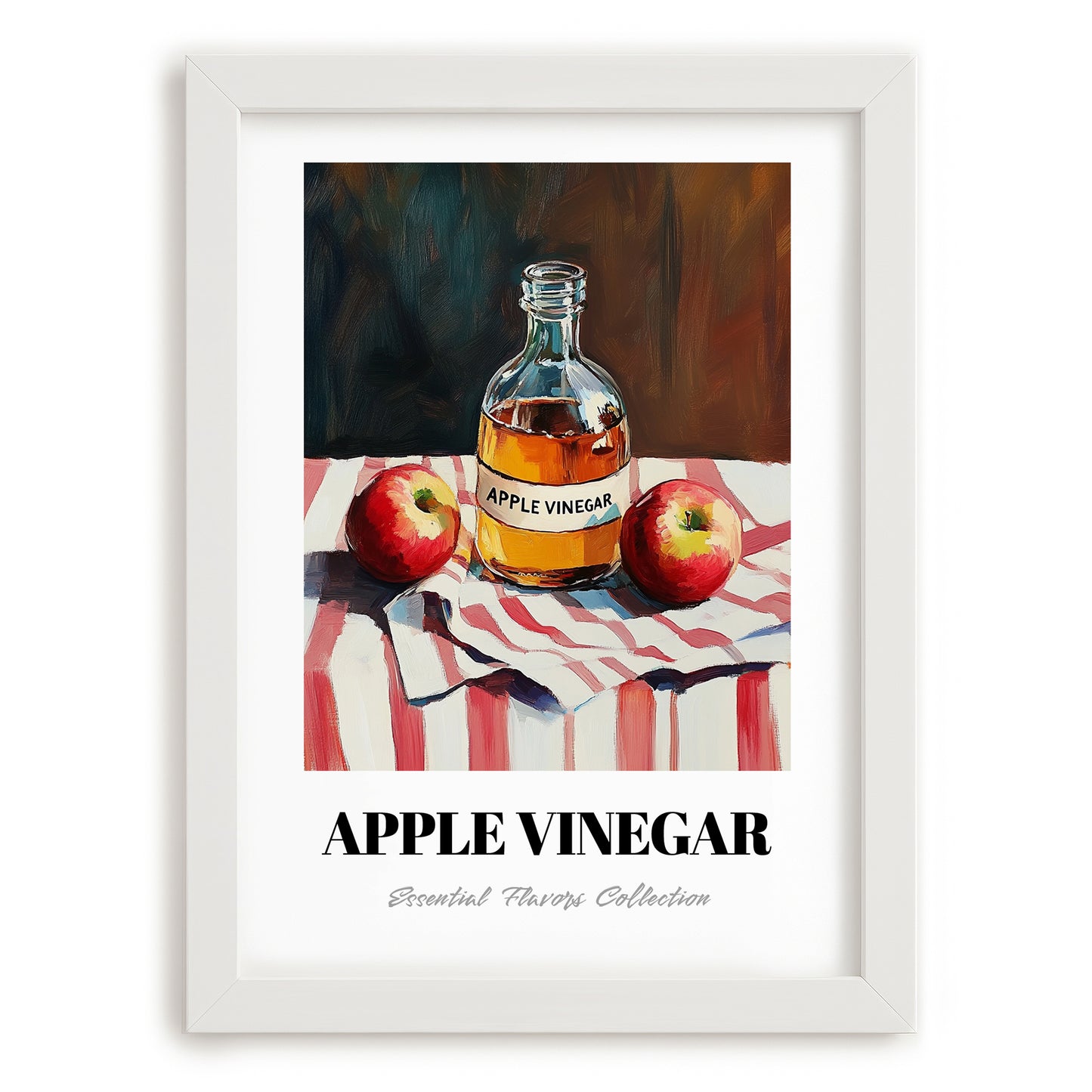 Apple Vinegar – on Striped Tablecloth, Shelf Stock Print, placed in minimal white frame